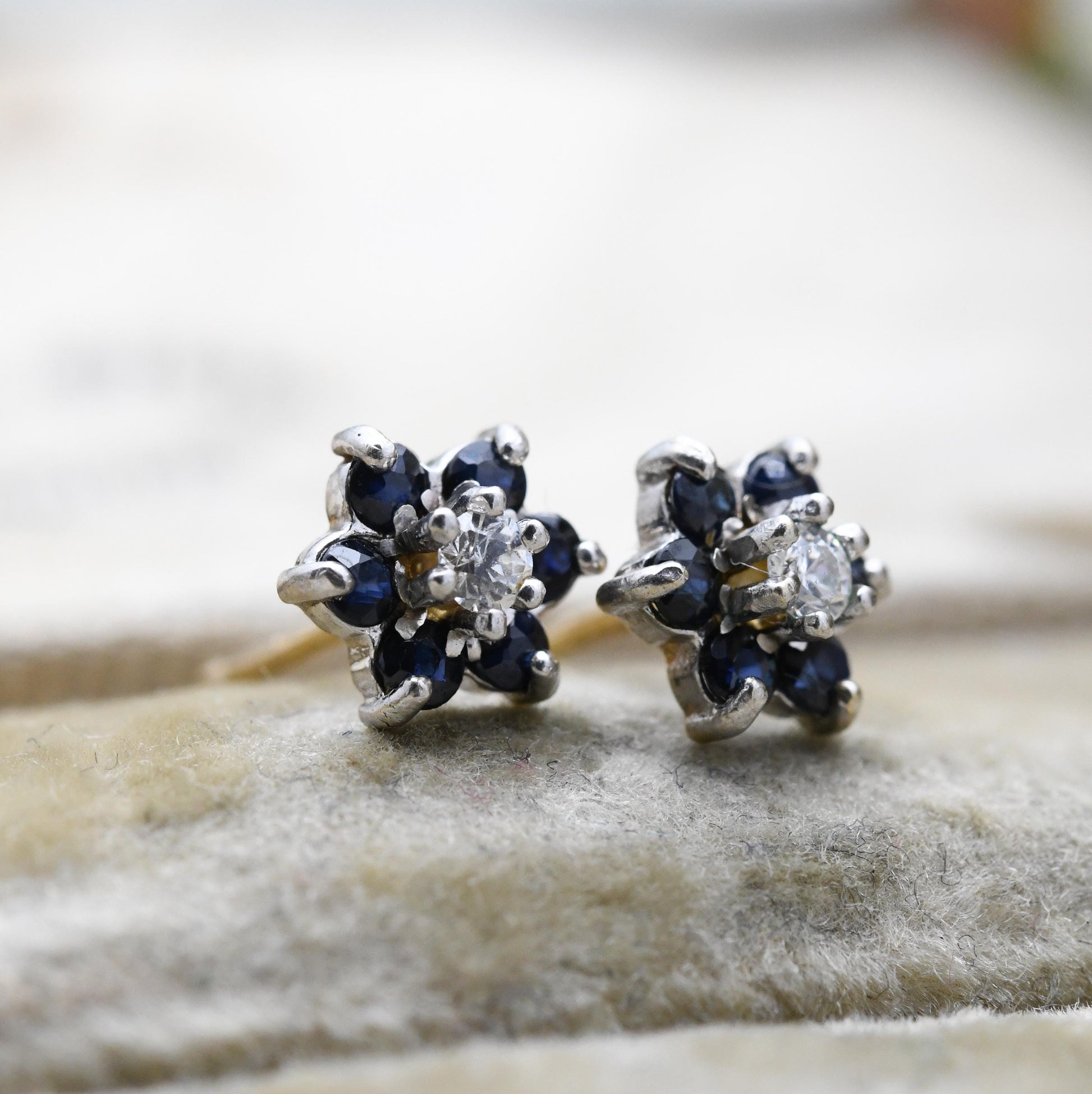 Vintage 9ct Gold Diamond Sapphire Cluster Flower Stud Earrings 1986 - Butterfly Backs | White Gold Front