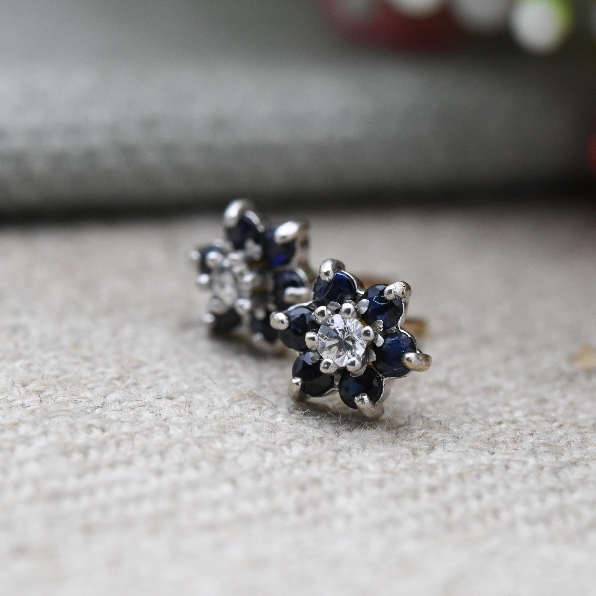 Vintage 9ct Gold Diamond Sapphire Cluster Flower Stud Earrings 1986 - Butterfly Backs | White Gold Front