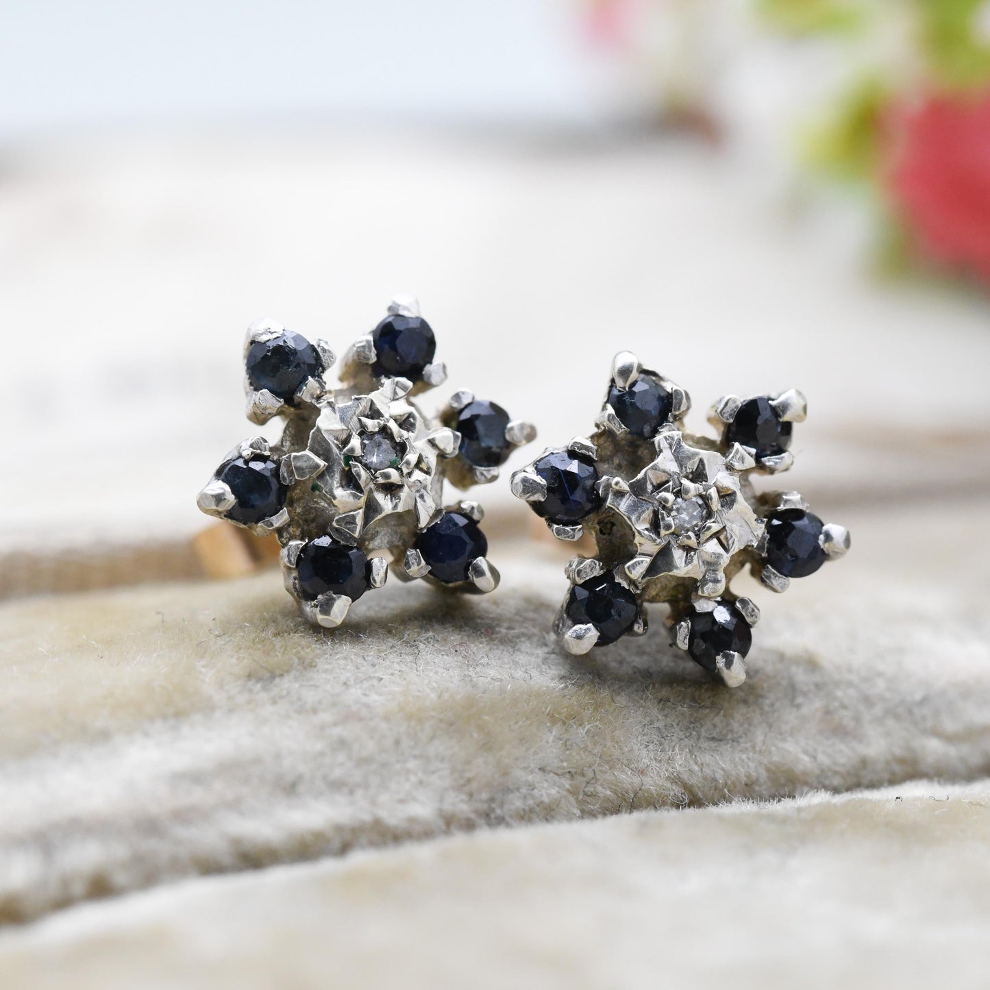 Vintage 9ct Gold Diamond Sapphire Cluster Flower Stud Earrings 1978 - Butterfly Backs | White Gold Front