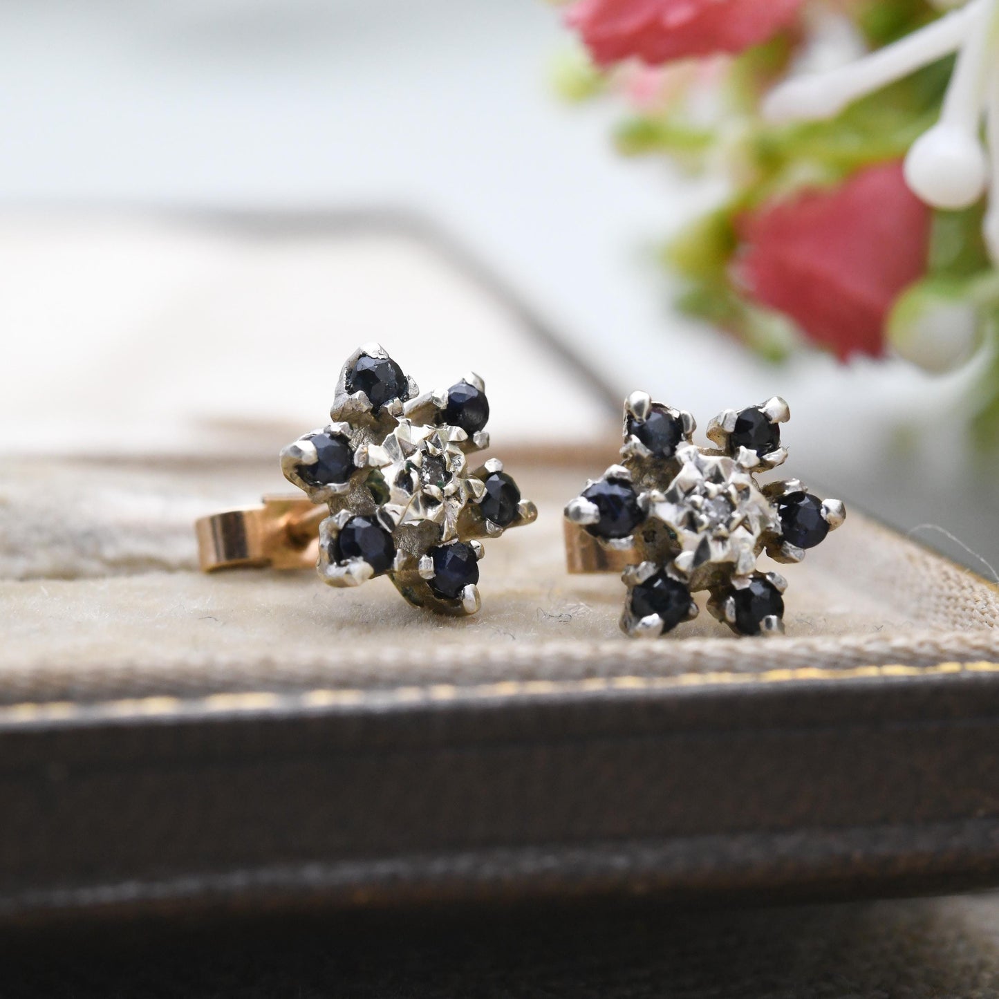 Vintage 9ct Gold Diamond Sapphire Cluster Flower Stud Earrings 1978 - Butterfly Backs | White Gold Front