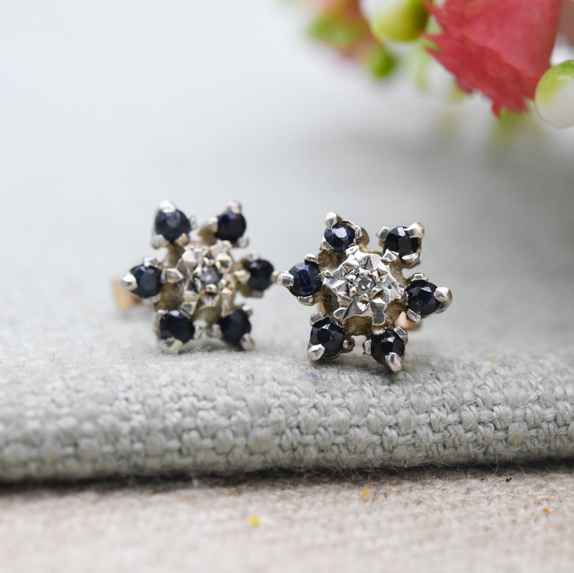 Vintage 9ct Gold Diamond Sapphire Cluster Flower Stud Earrings 1978 - Butterfly Backs | White Gold Front