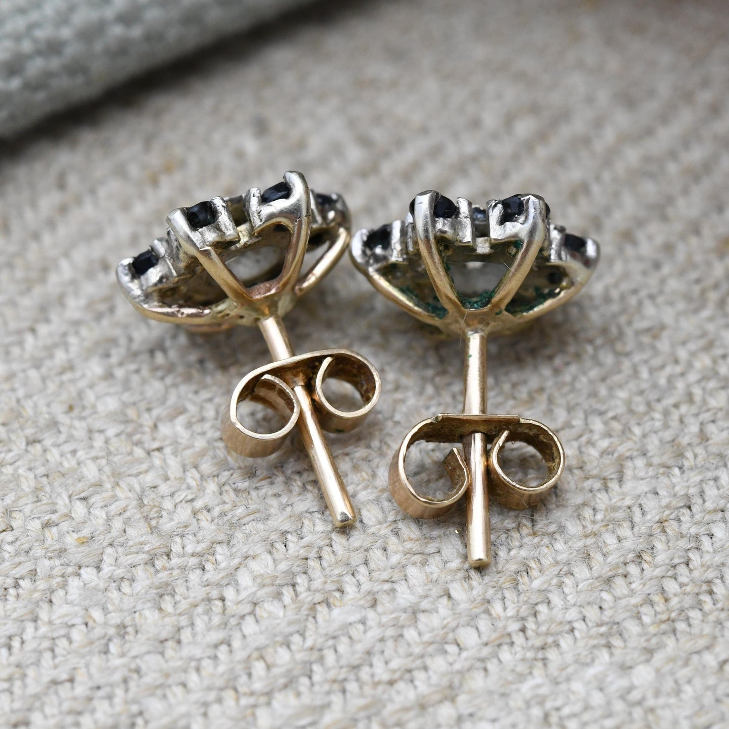 Vintage 9ct Gold Diamond Sapphire Cluster Flower Stud Earrings 1978 - Butterfly Backs | White Gold Front
