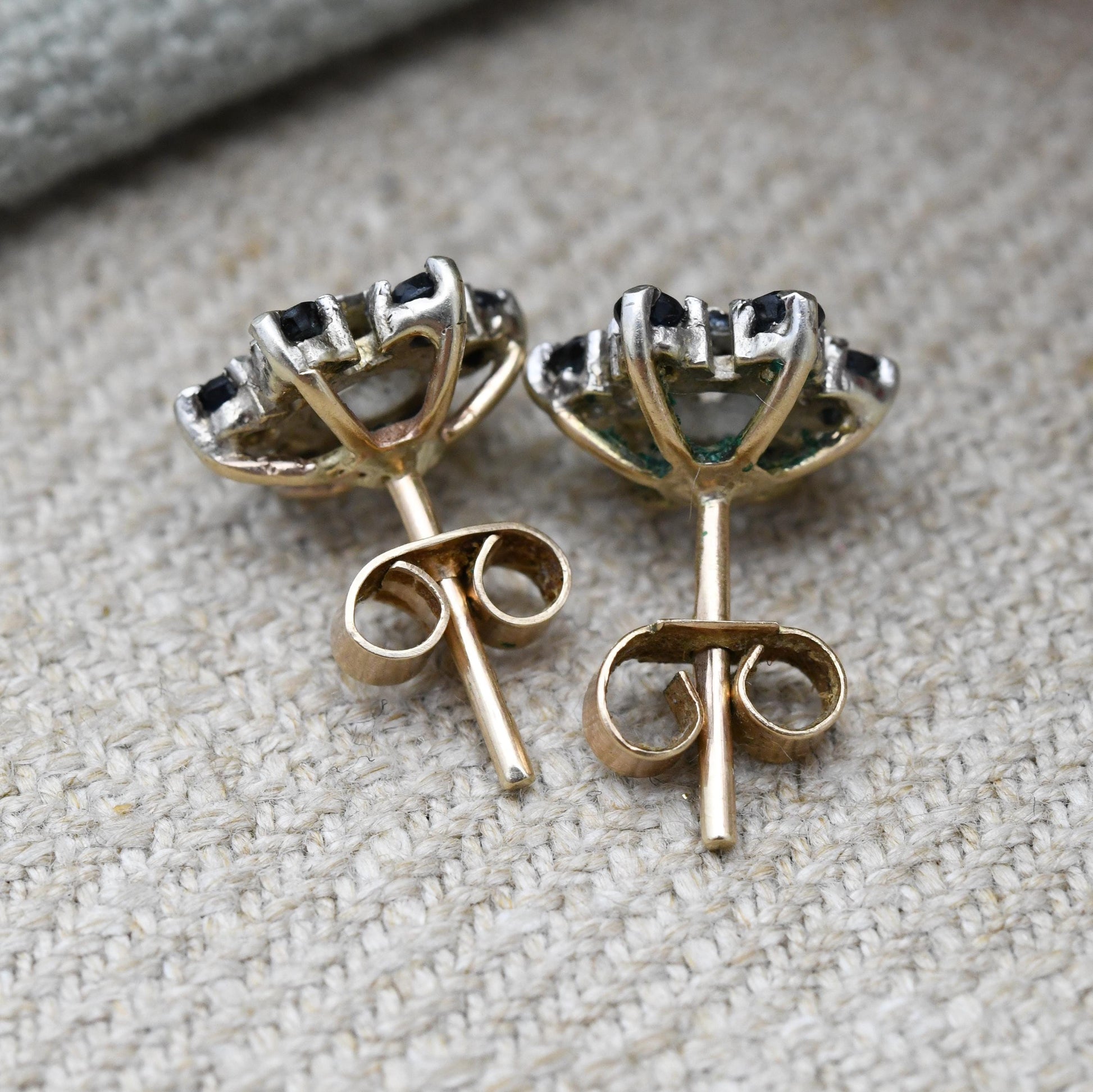 Vintage 9ct Gold Diamond Sapphire Cluster Flower Stud Earrings 1978 - Butterfly Backs | White Gold Front