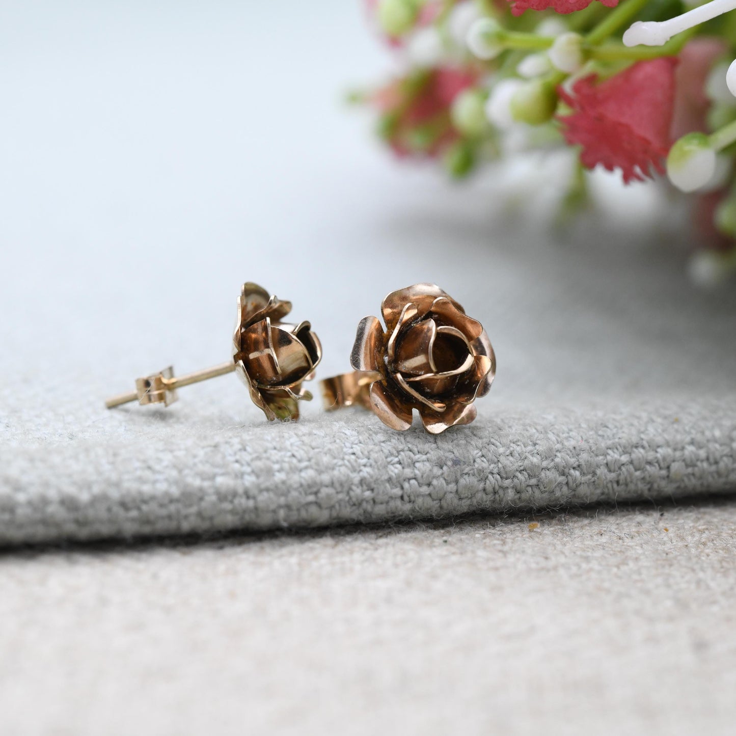 Vintage 9ct Gold Flower Stud Earrings 1977 - Statement Rose Shape Solitaire Floral Studs with Butterfly Backs | Gift for Her