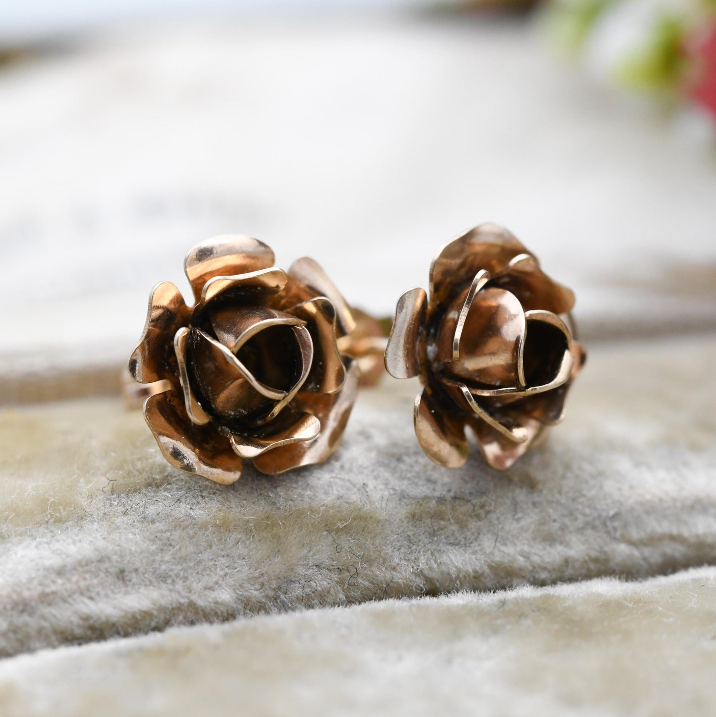 Vintage 9ct Gold Flower Stud Earrings 1977 - Statement Rose Shape Solitaire Floral Studs with Butterfly Backs | Gift for Her