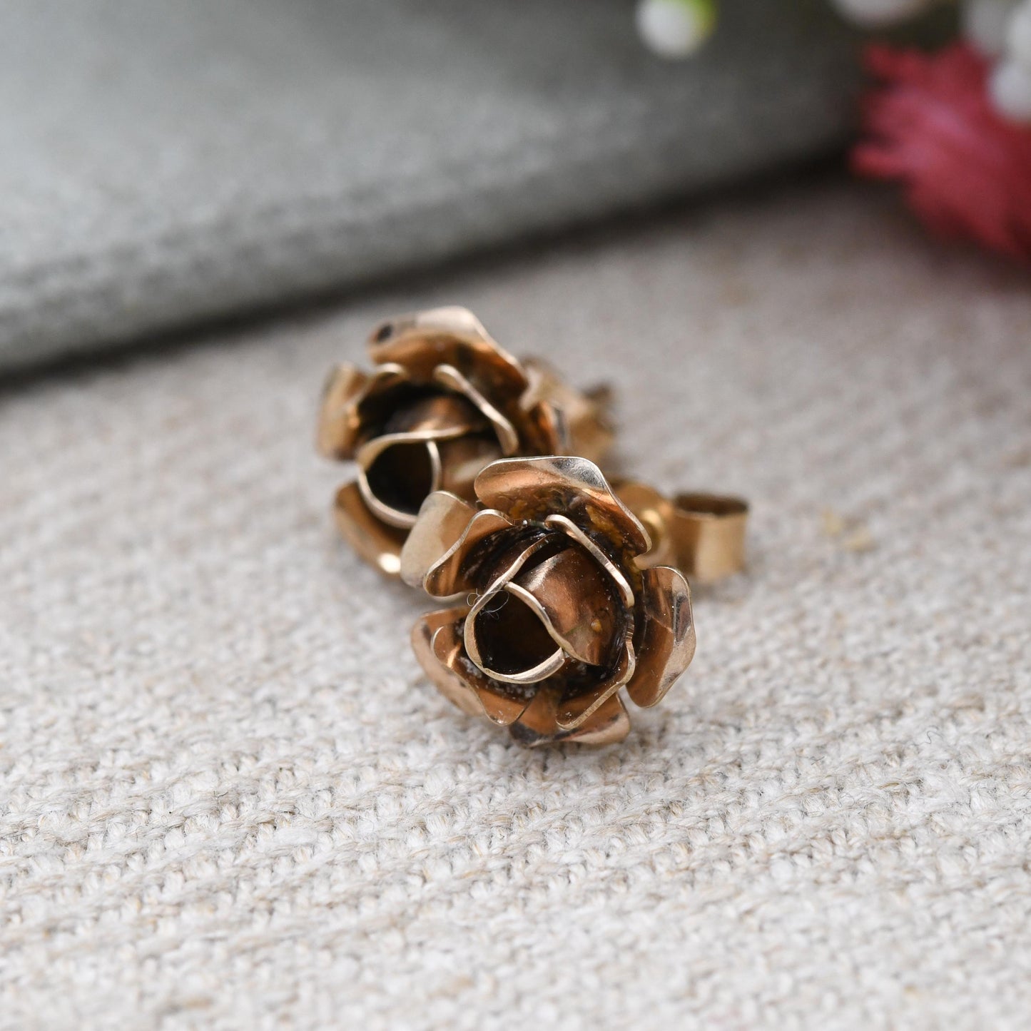 Vintage 9ct Gold Flower Stud Earrings 1977 - Statement Rose Shape Solitaire Floral Studs with Butterfly Backs | Gift for Her