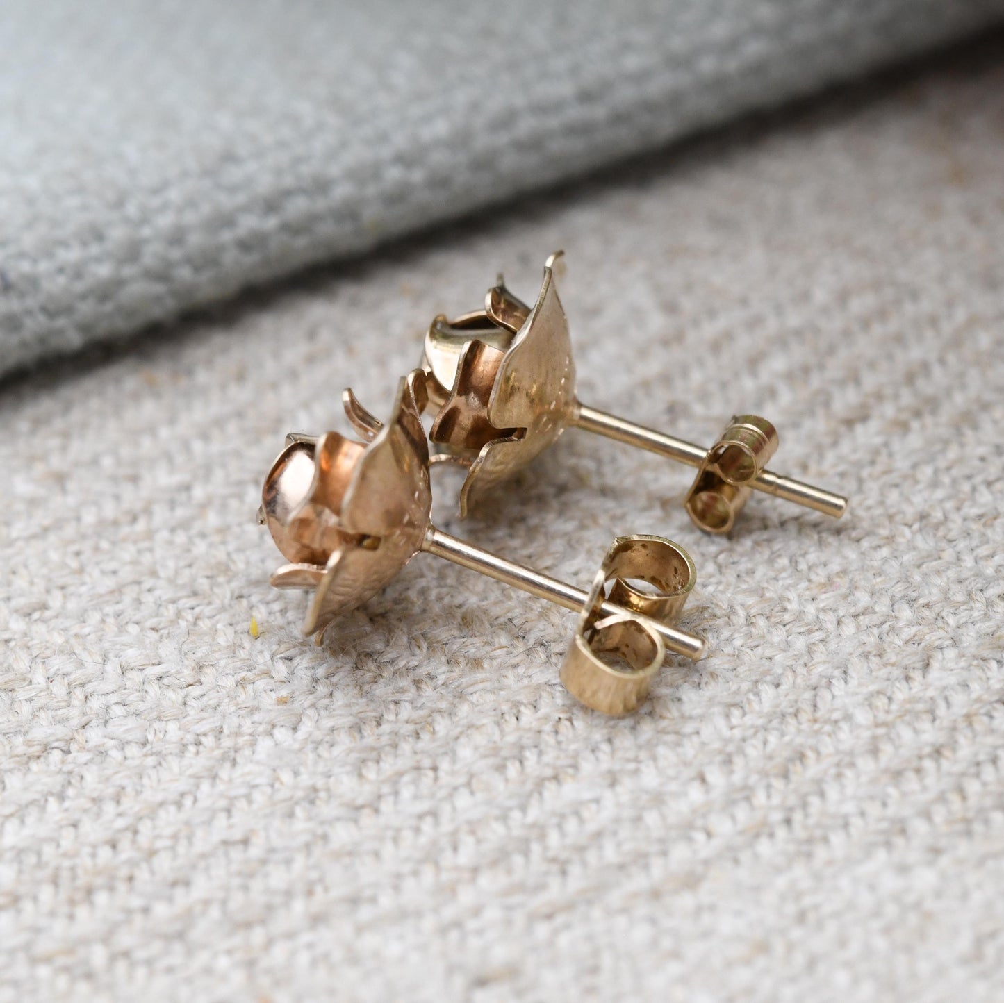 Vintage 9ct Gold Flower Stud Earrings 1977 - Statement Rose Shape Solitaire Floral Studs with Butterfly Backs | Gift for Her