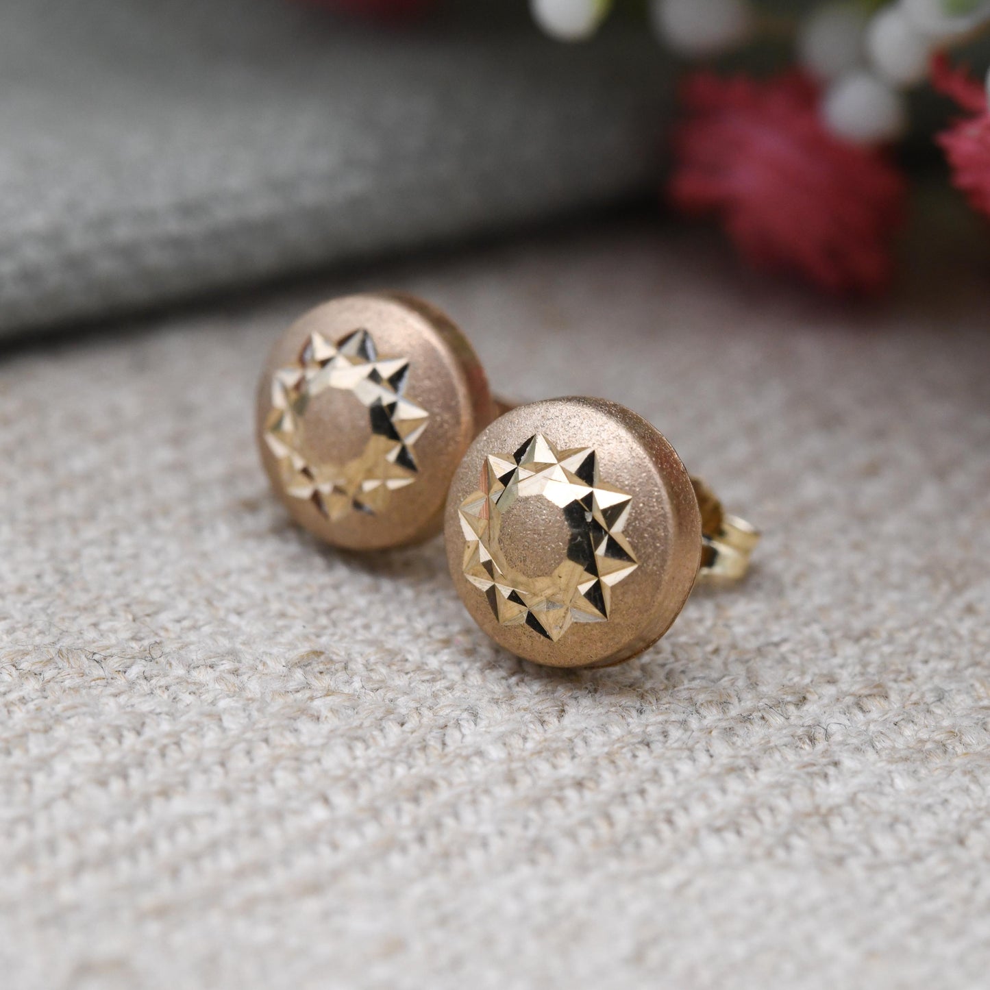 Vintage 9ct Gold Star Stud Earrings - Diamond Cut Textured Star Sun Yellow Gold Studs | Delicate Gold Jewellery Gift for Her