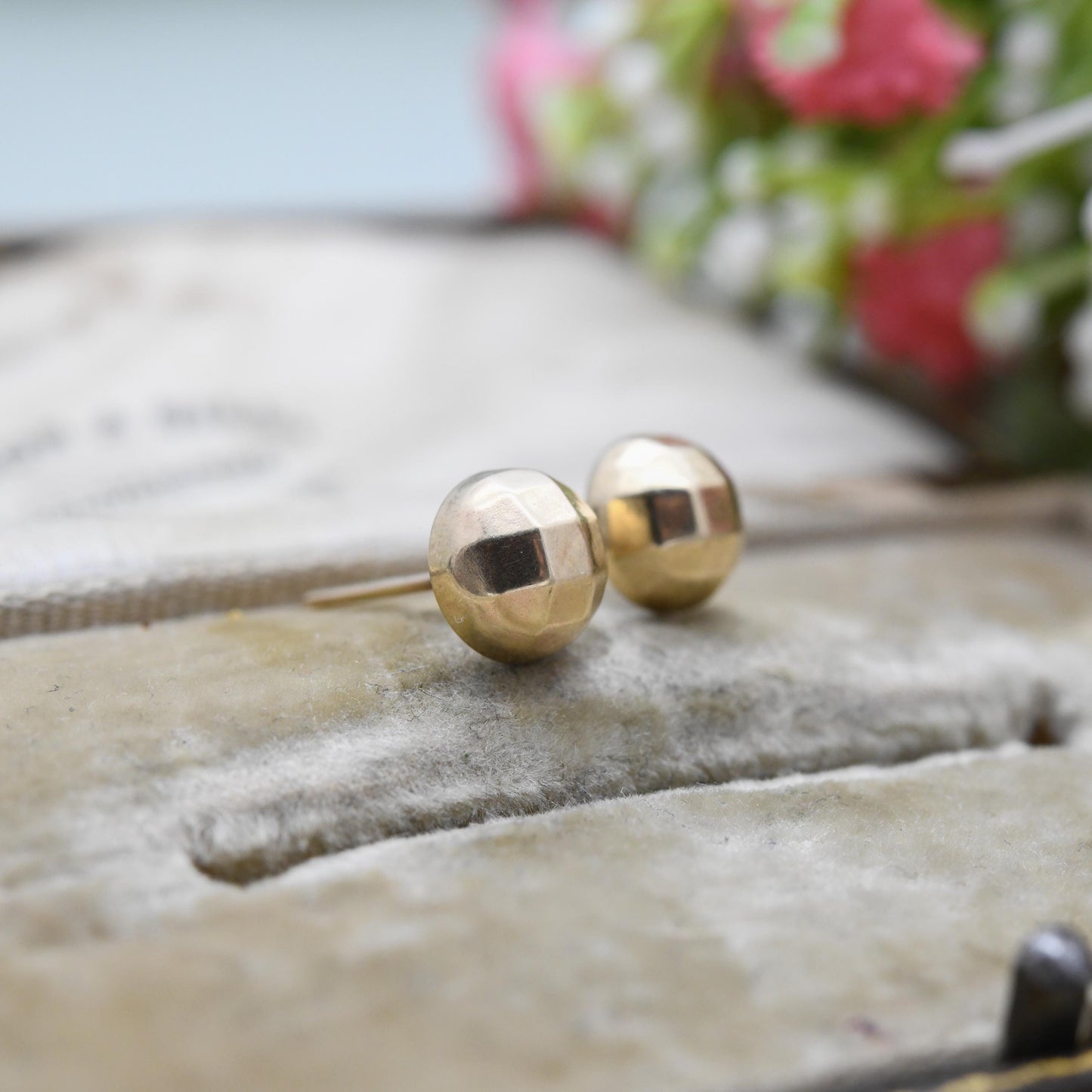 Vintage 9ct Gold Faceted Sphere Stud Earrings - Minimal Brushed Yellow Gold Square Studs | Delicate Gold Jewellery Gift for Her