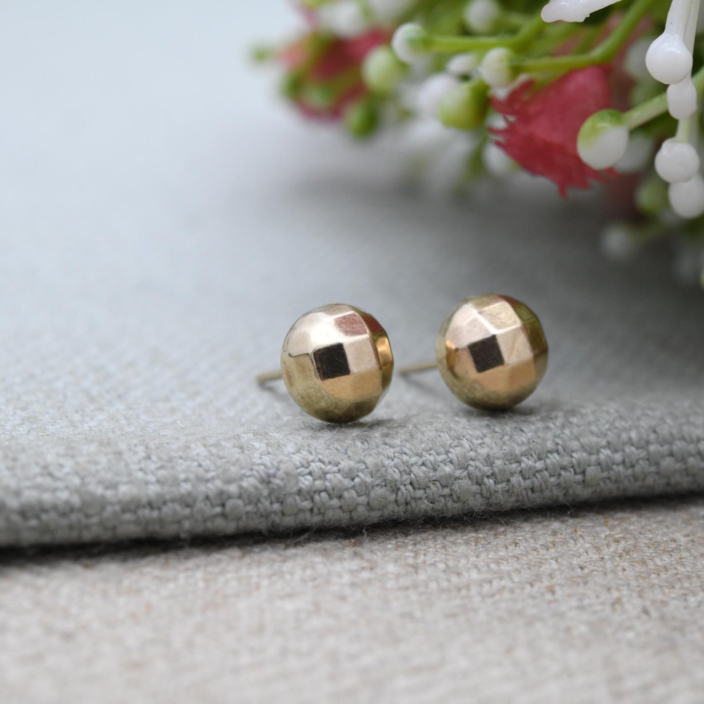 Vintage 9ct Gold Faceted Sphere Stud Earrings - Minimal Brushed Yellow Gold Square Studs | Delicate Gold Jewellery Gift for Her