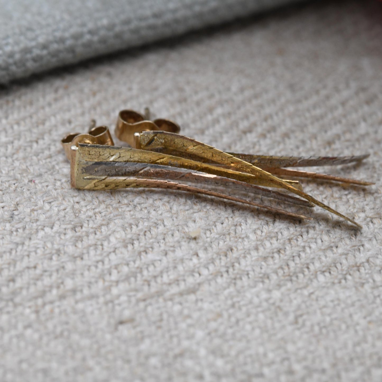 Vintage 9ct Gold Delicate Tassel Drop Stud Earrings - Tritone Rose Gold Silver Textured with Butterfly Backs | Gift for Her