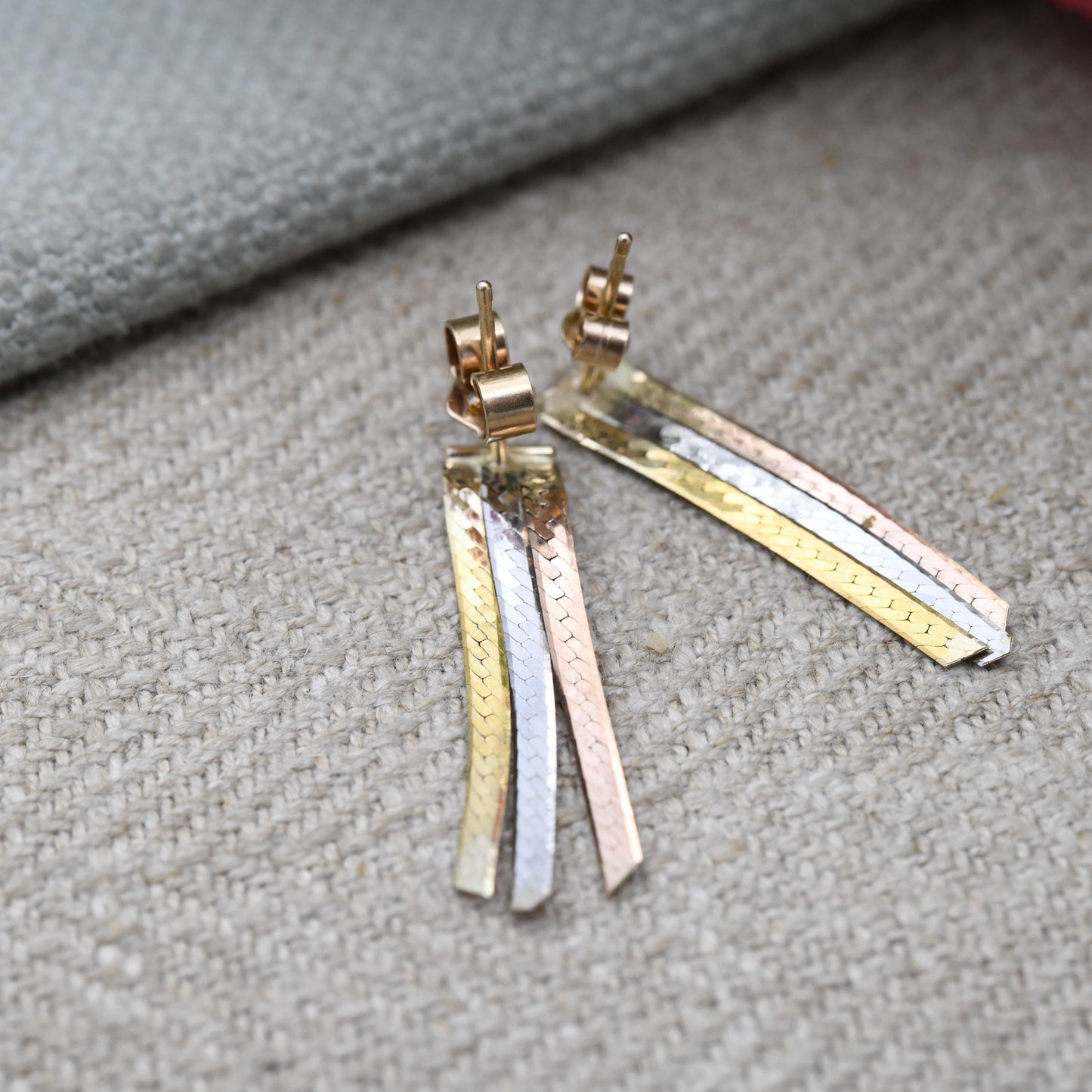 Vintage 9ct Gold Delicate Tassel Drop Stud Earrings - Tritone Rose Gold Silver Textured with Butterfly Backs | Gift for Her