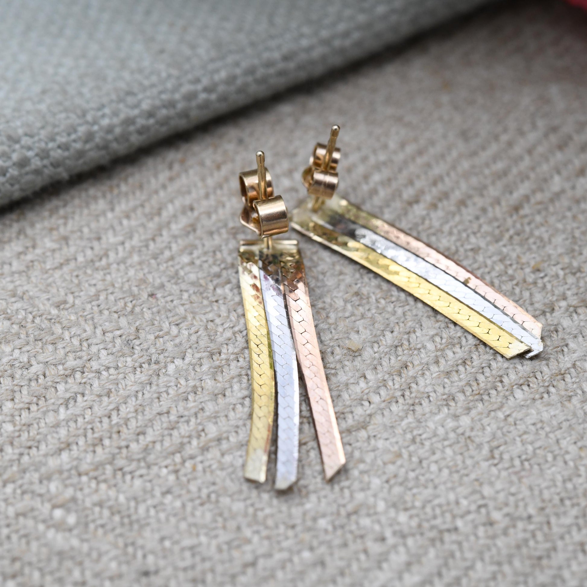 Vintage 9ct Gold Delicate Tassel Drop Stud Earrings - Tritone Rose Gold Silver Textured with Butterfly Backs | Gift for Her