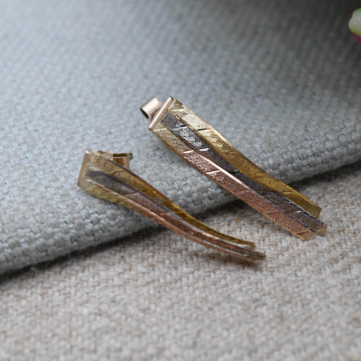 Vintage 9ct Gold Delicate Tassel Drop Stud Earrings - Tritone Rose Gold Silver Textured with Butterfly Backs | Gift for Her