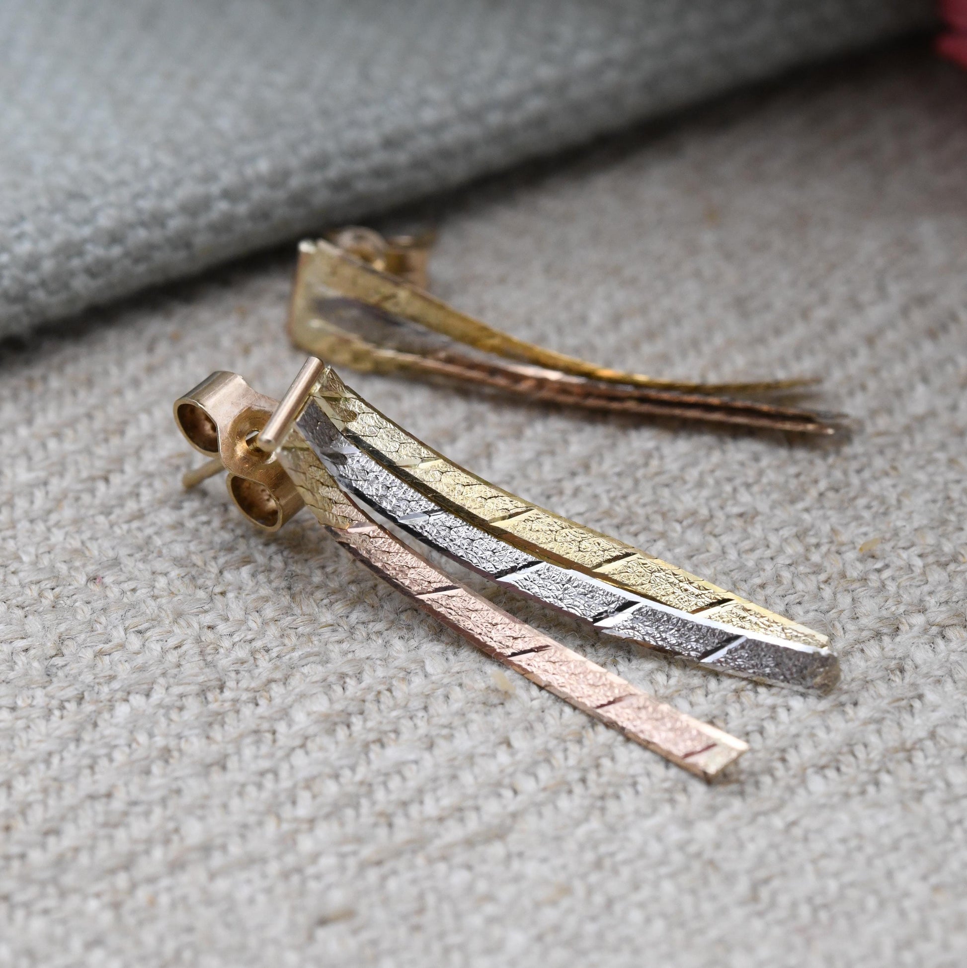 Vintage 9ct Gold Delicate Tassel Drop Stud Earrings - Tritone Rose Gold Silver Textured with Butterfly Backs | Gift for Her