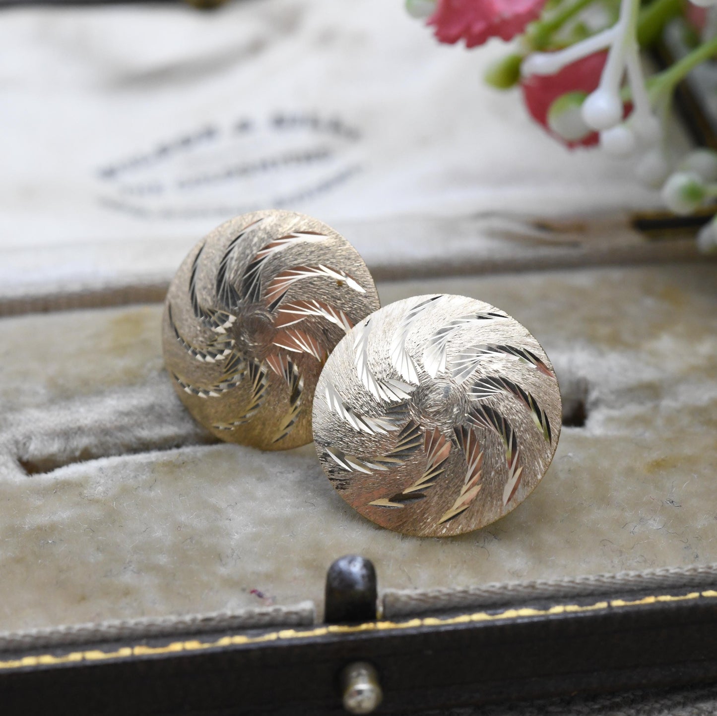Vintage 9ct Gold Circular Engraved Stud Earrings 1980s - Brushed Yellow Gold Circular Studs | Delicate Gold Jewellery Gift for Her