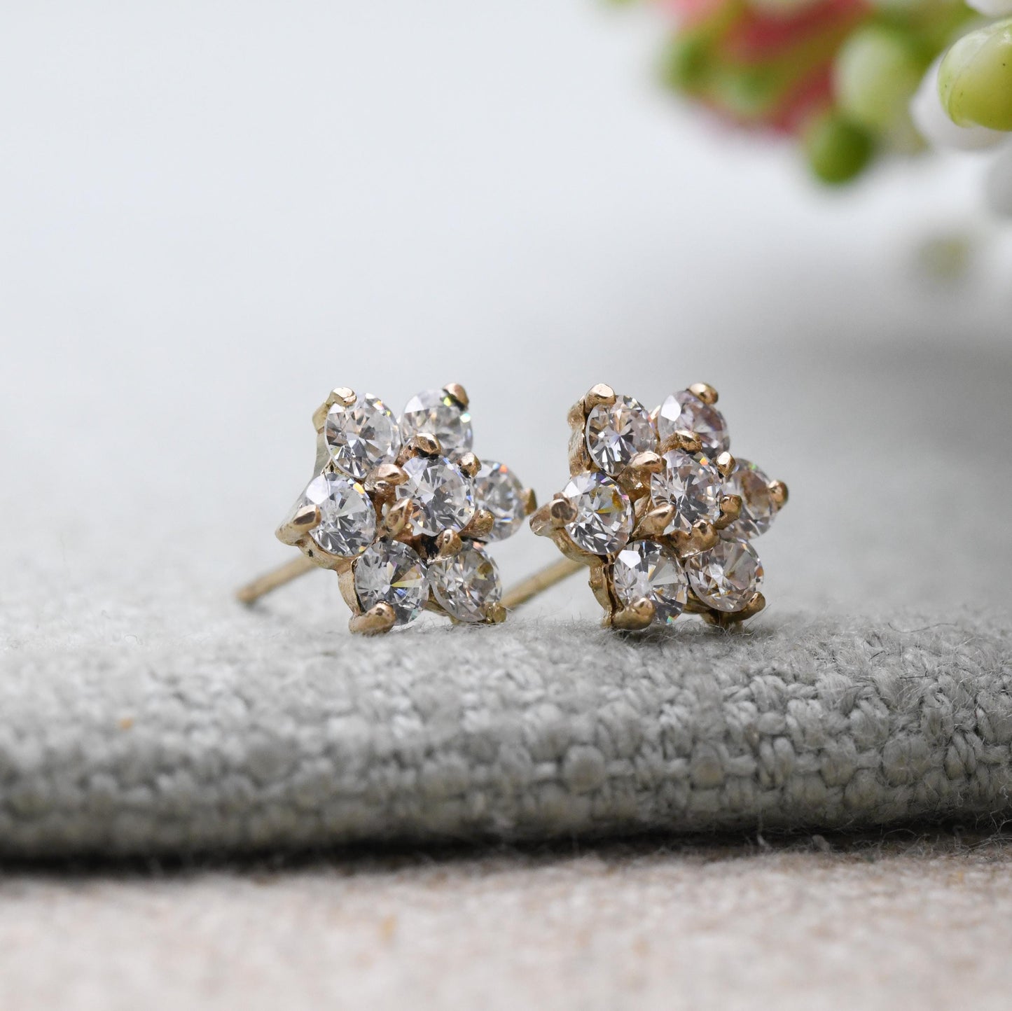 Vintage 9ct Gold CZ Cluster Stud Earrings - Sparkly Clear Stone | Gold Birthday Gift | Butterfly Back | Everyday Stud Earrings