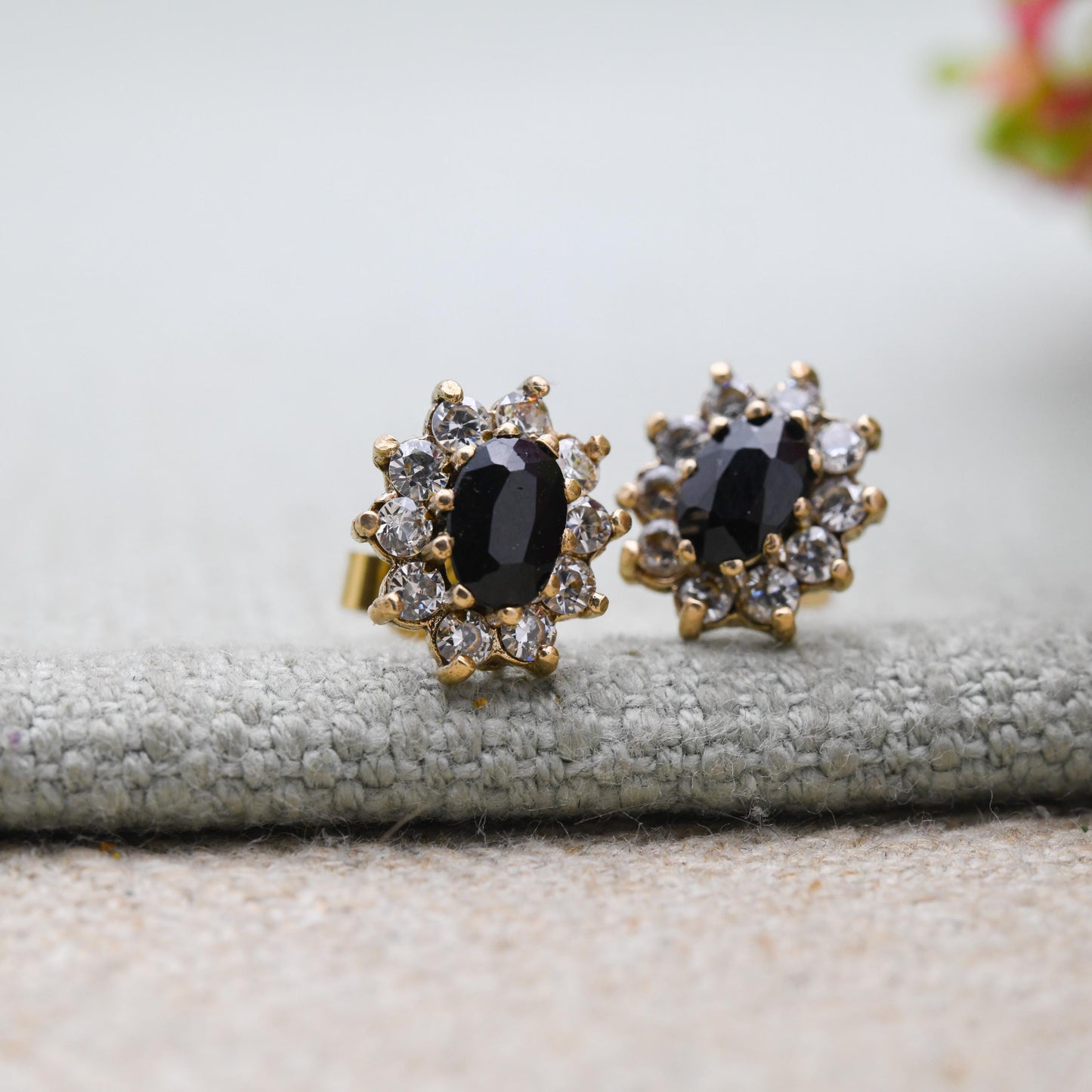 Vintage 9ct Gold Sapphire and CZ Halo Stud Earrings - Floral Blue Gemstone Studs with Butterfly Backs | Sparkly Stone Earrings