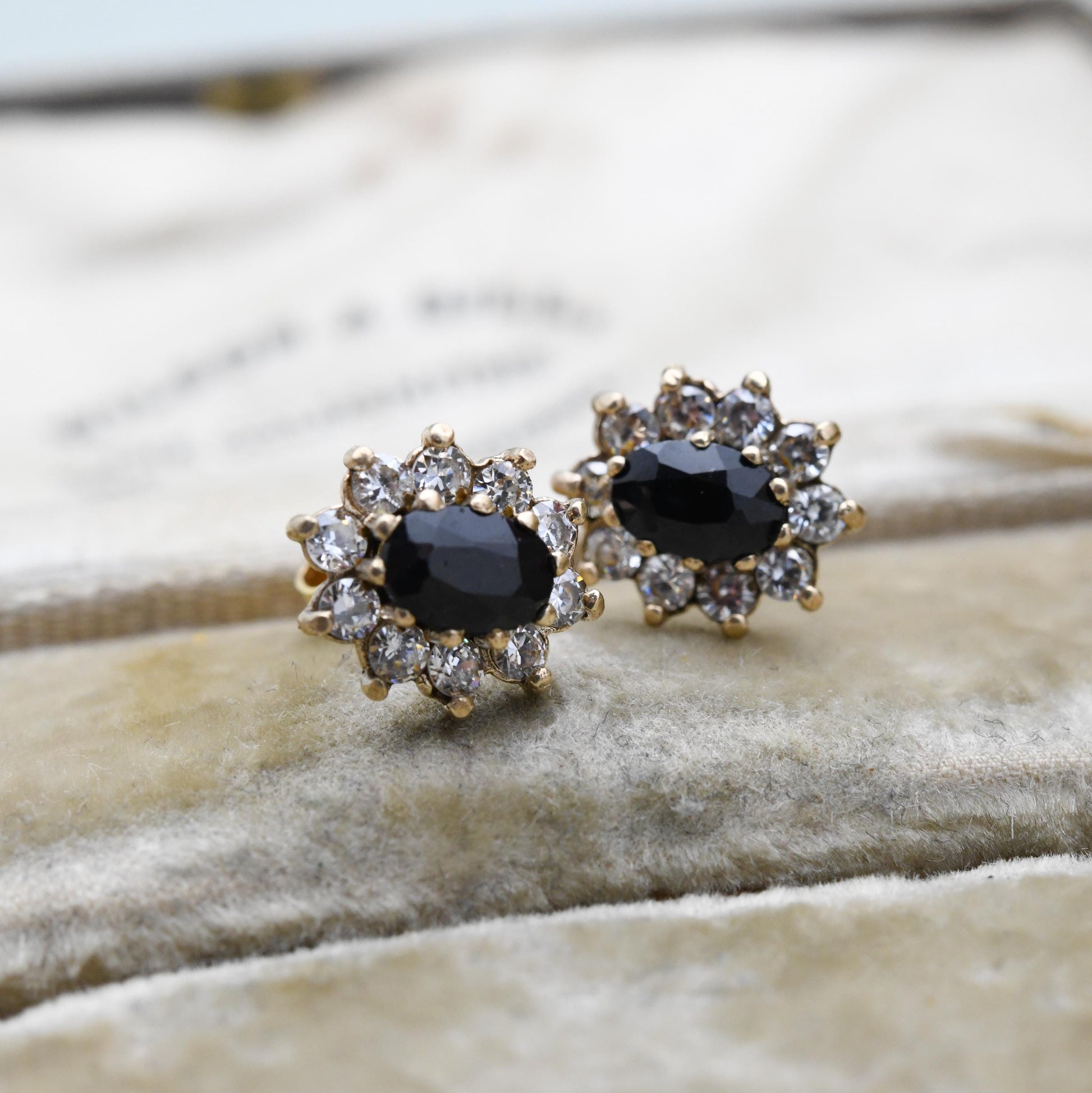 Vintage 9ct Gold Sapphire and CZ Halo Stud Earrings - Floral Blue Gemstone Studs with Butterfly Backs | Sparkly Stone Earrings