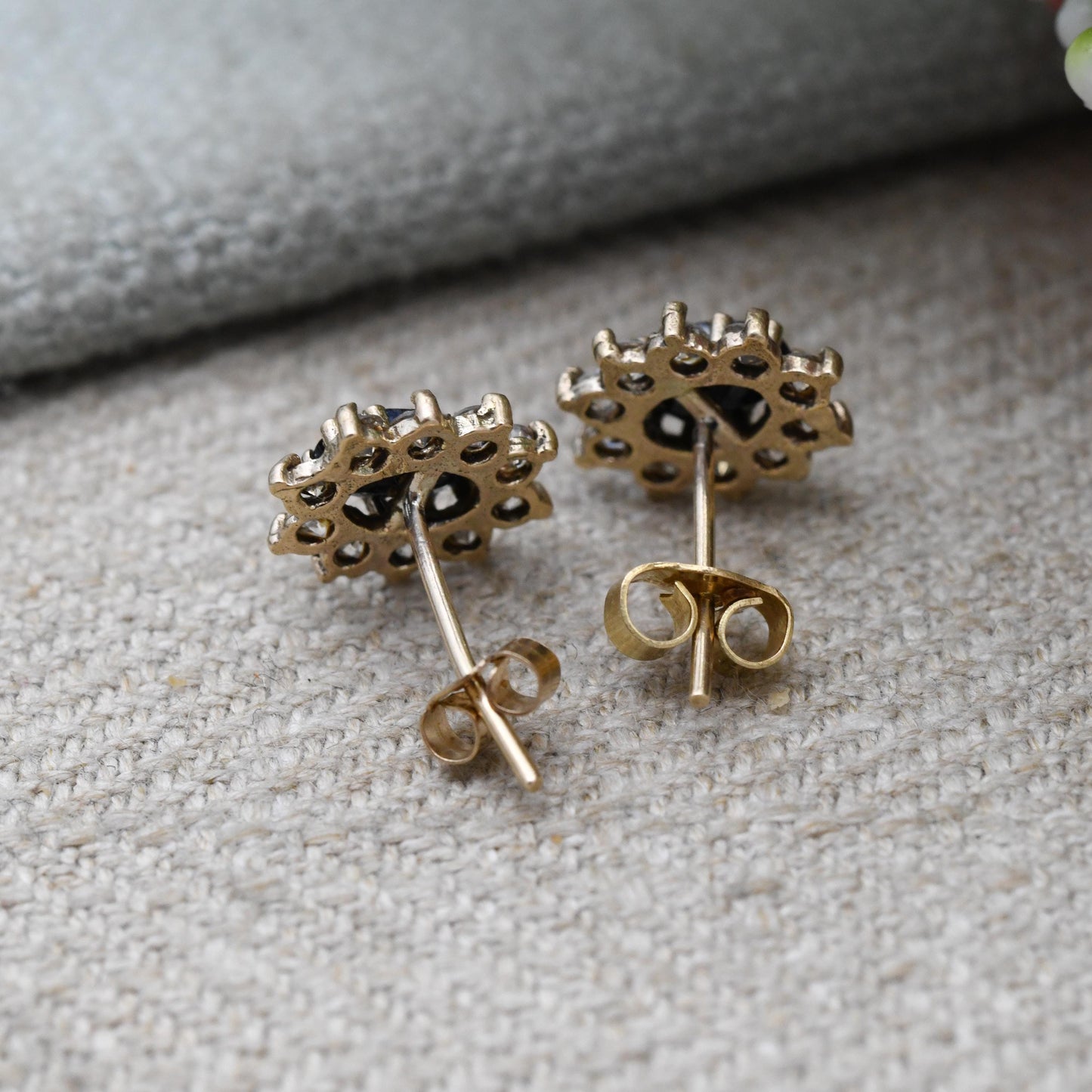 Vintage 9ct Gold Sapphire and CZ Halo Stud Earrings - Floral Blue Gemstone Studs with Butterfly Backs | Sparkly Stone Earrings