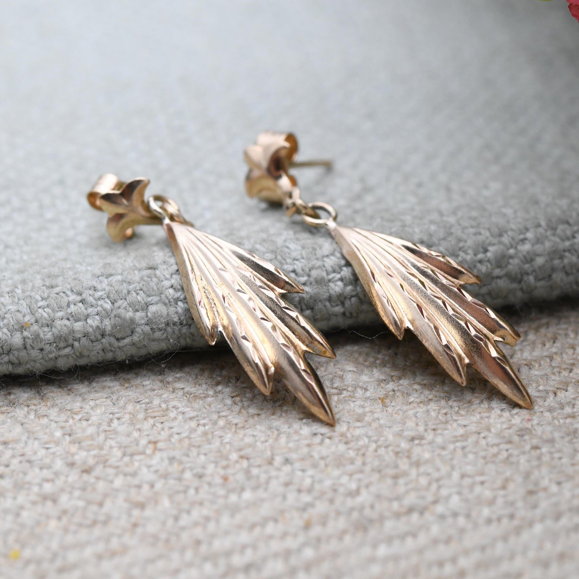 Vintage 9ct Gold Drop Earrings with Diamond Cut Engraved Pattern with Butterfly Backs