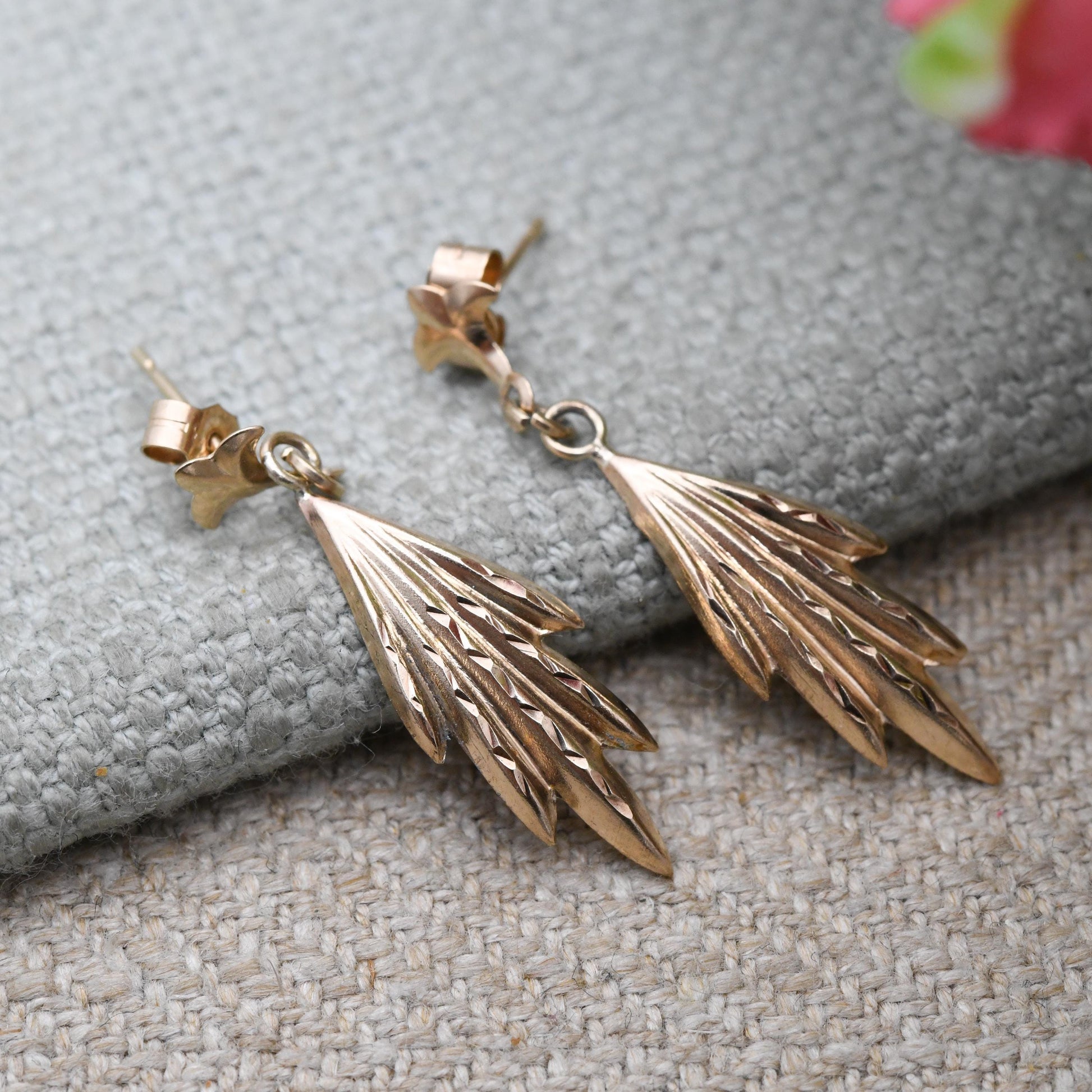 Vintage 9ct Gold Drop Earrings with Diamond Cut Engraved Pattern with Butterfly Backs