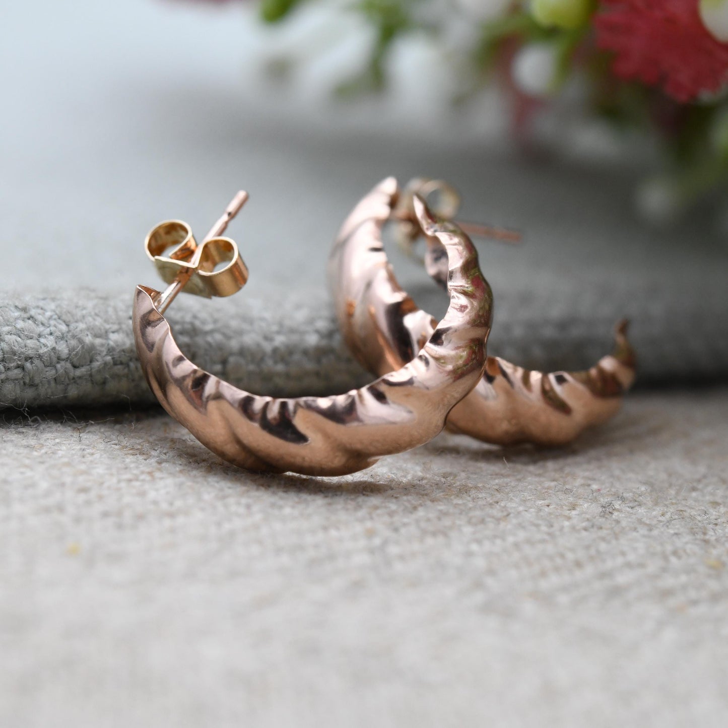 Vintage 9ct Rose Gold Hoop Stud Earrings Mid-Century - Half Circle Shape Big Stud | Solid Gold Jewellery Gift for Her | with Butterfly Backs