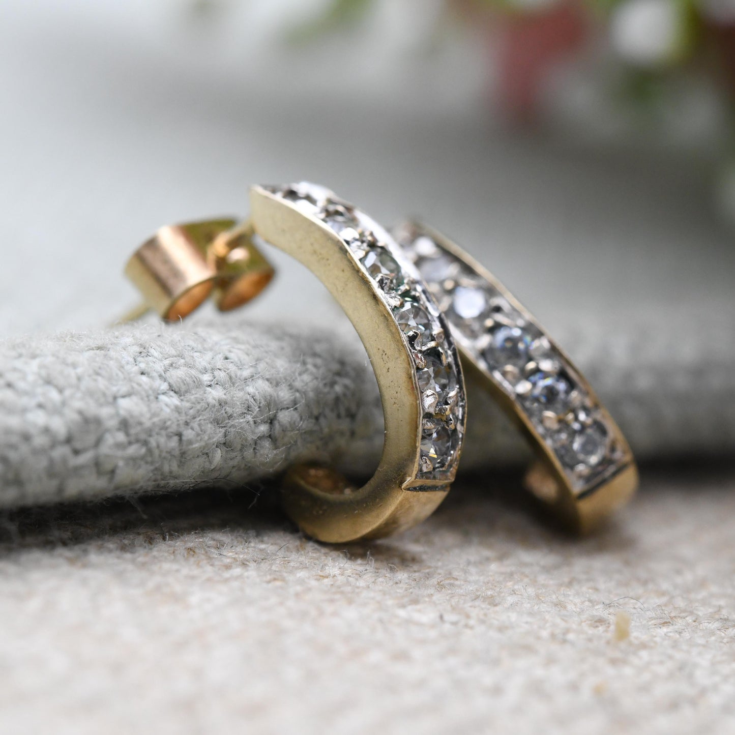 Vintage 9ct Gold Clear Stone Half Hoop Stud Earrings Mid-Century - Semi Circle | Solid Gold Jewellery Gift for Her | with Butterfly Backs