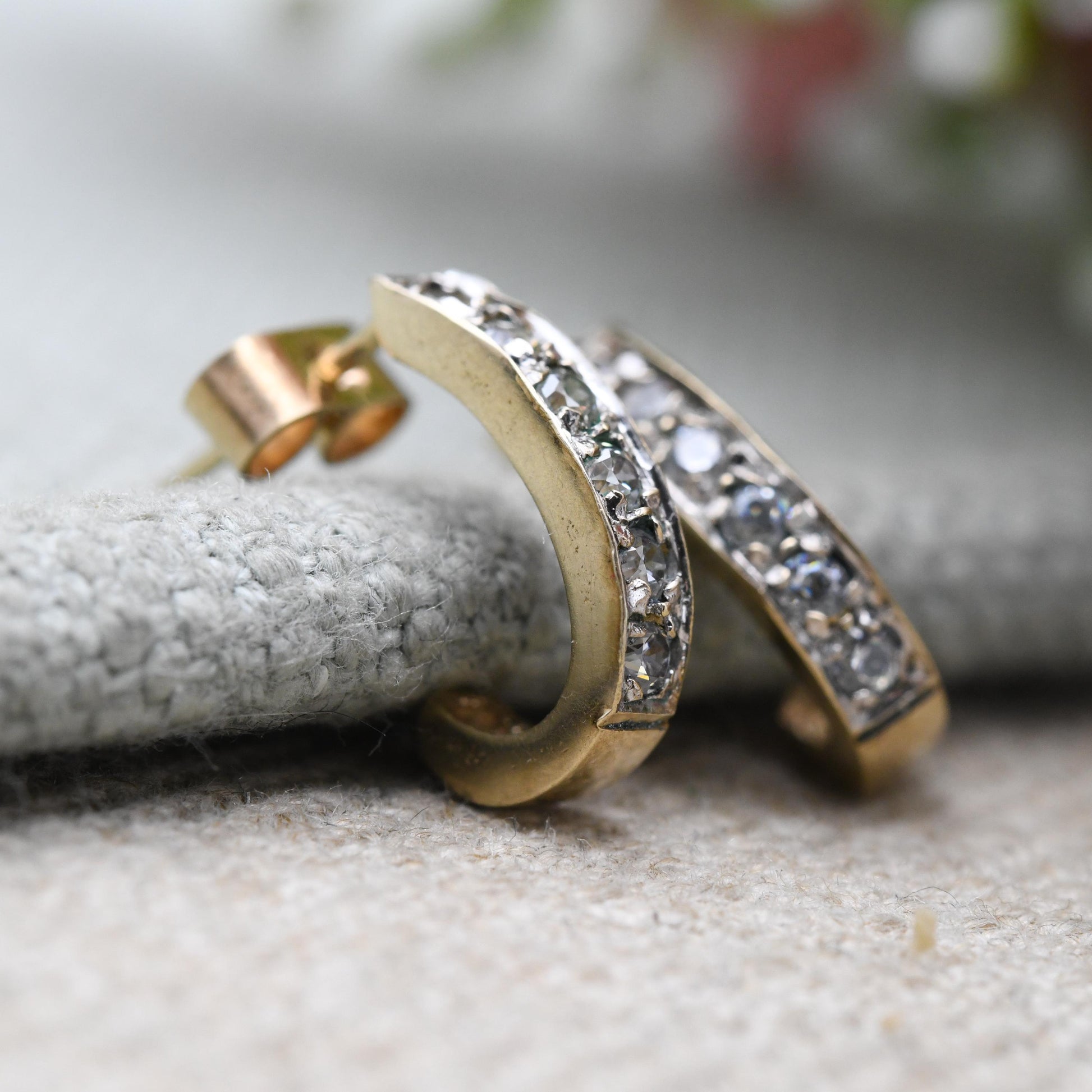Vintage 9ct Gold Clear Stone Half Hoop Stud Earrings Mid-Century - Semi Circle | Solid Gold Jewellery Gift for Her | with Butterfly Backs