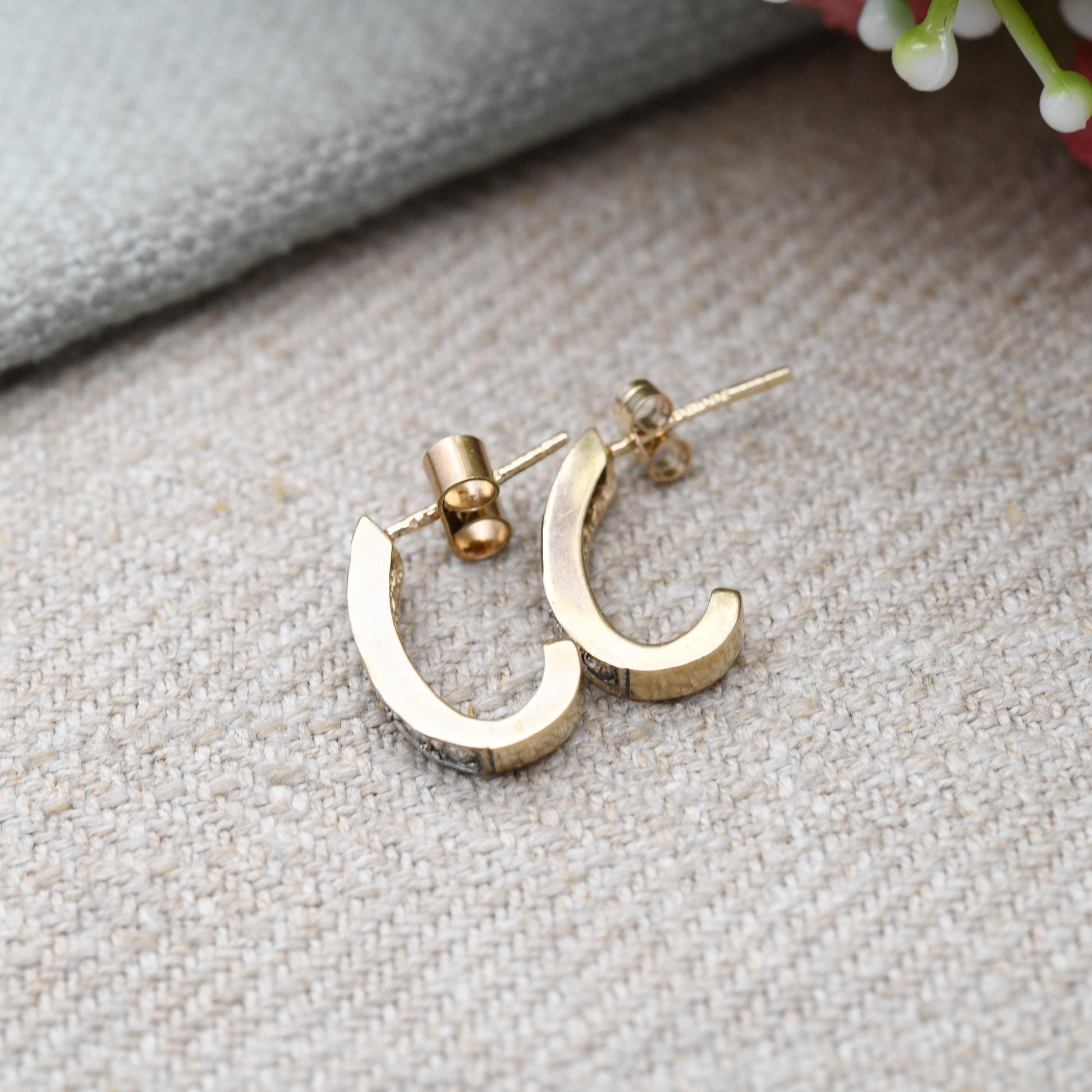 Vintage 9ct Gold Clear Stone Half Hoop Stud Earrings Mid-Century - Semi Circle | Solid Gold Jewellery Gift for Her | with Butterfly Backs
