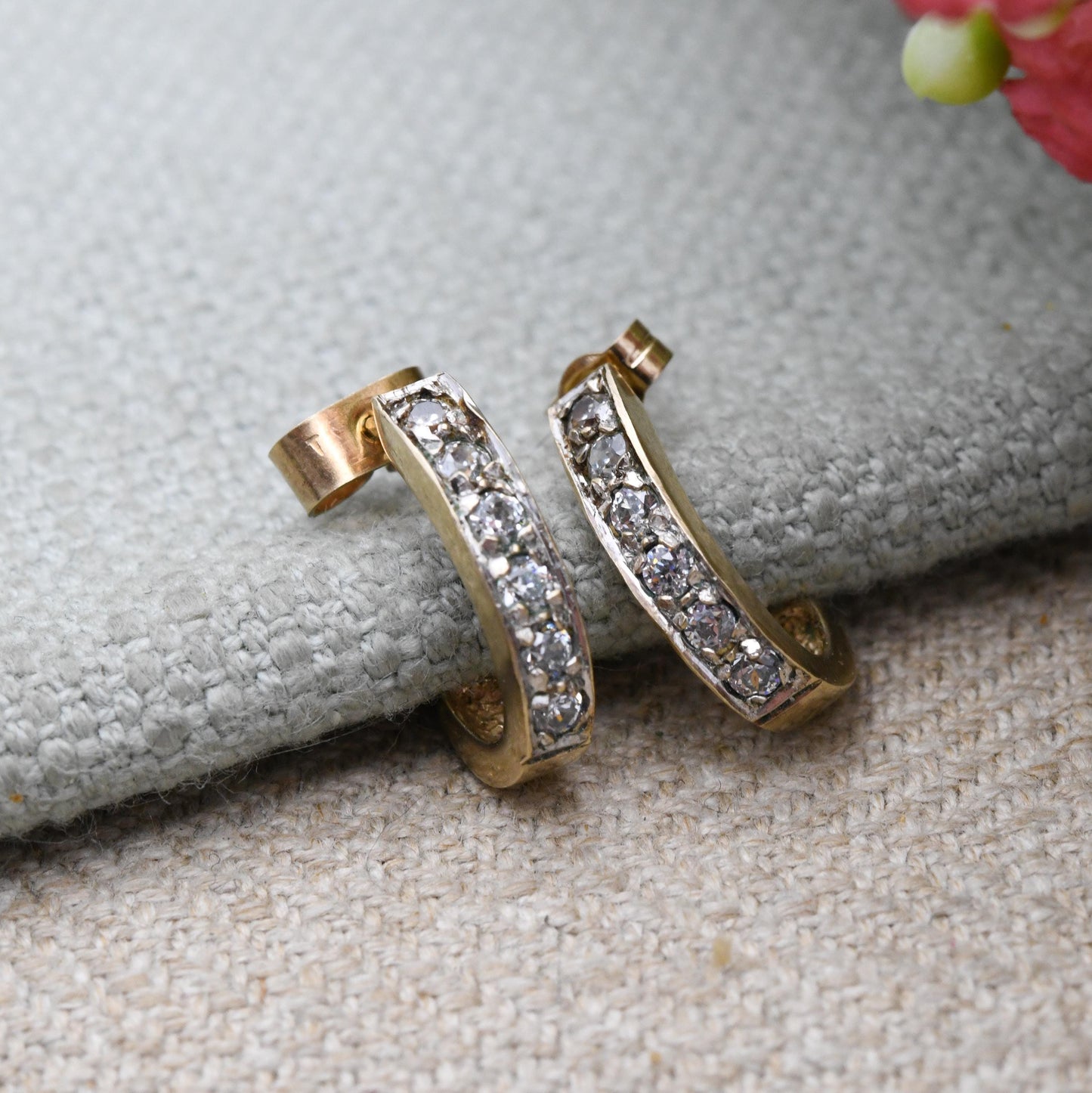 Vintage 9ct Gold Clear Stone Half Hoop Stud Earrings Mid-Century - Semi Circle | Solid Gold Jewellery Gift for Her | with Butterfly Backs