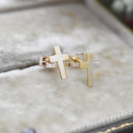 Vintage 9ct Gold Cross Stud Earrings c. 1970s - Butterfly Backs | Minimal Solid Gold | Gift for Her