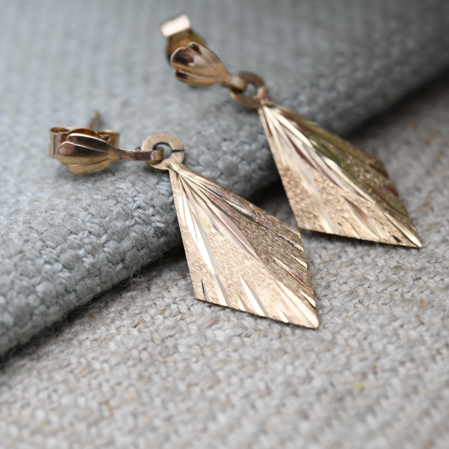 Vintage 9ct Gold Diamond-cut Drop Earrings | Small Delicate Light Gold Dangle Earrings with Butterfly Backs | Minimal Design