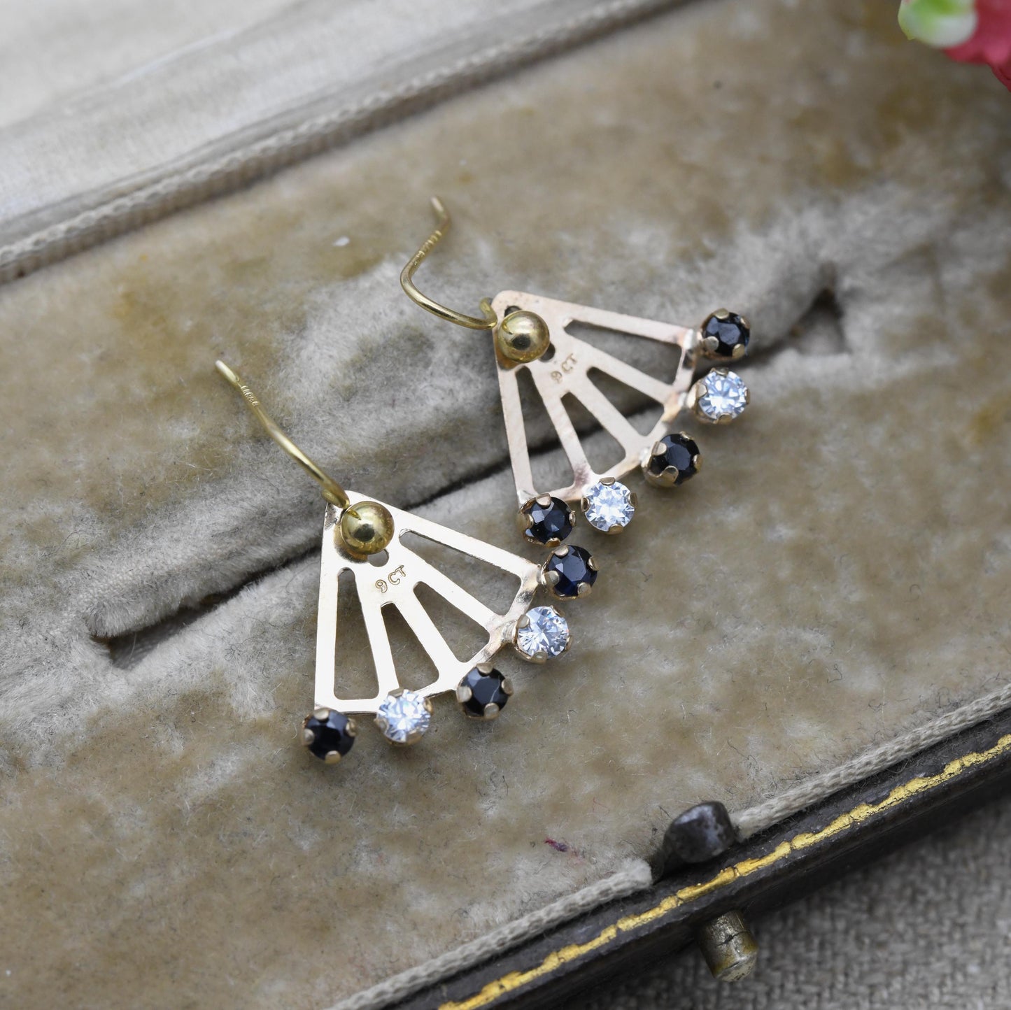 Vintage 9ct Gold Sapphire and CZ Fan Earrings | Minimal Everyday Gold | Blue Sapphire Gift for Her