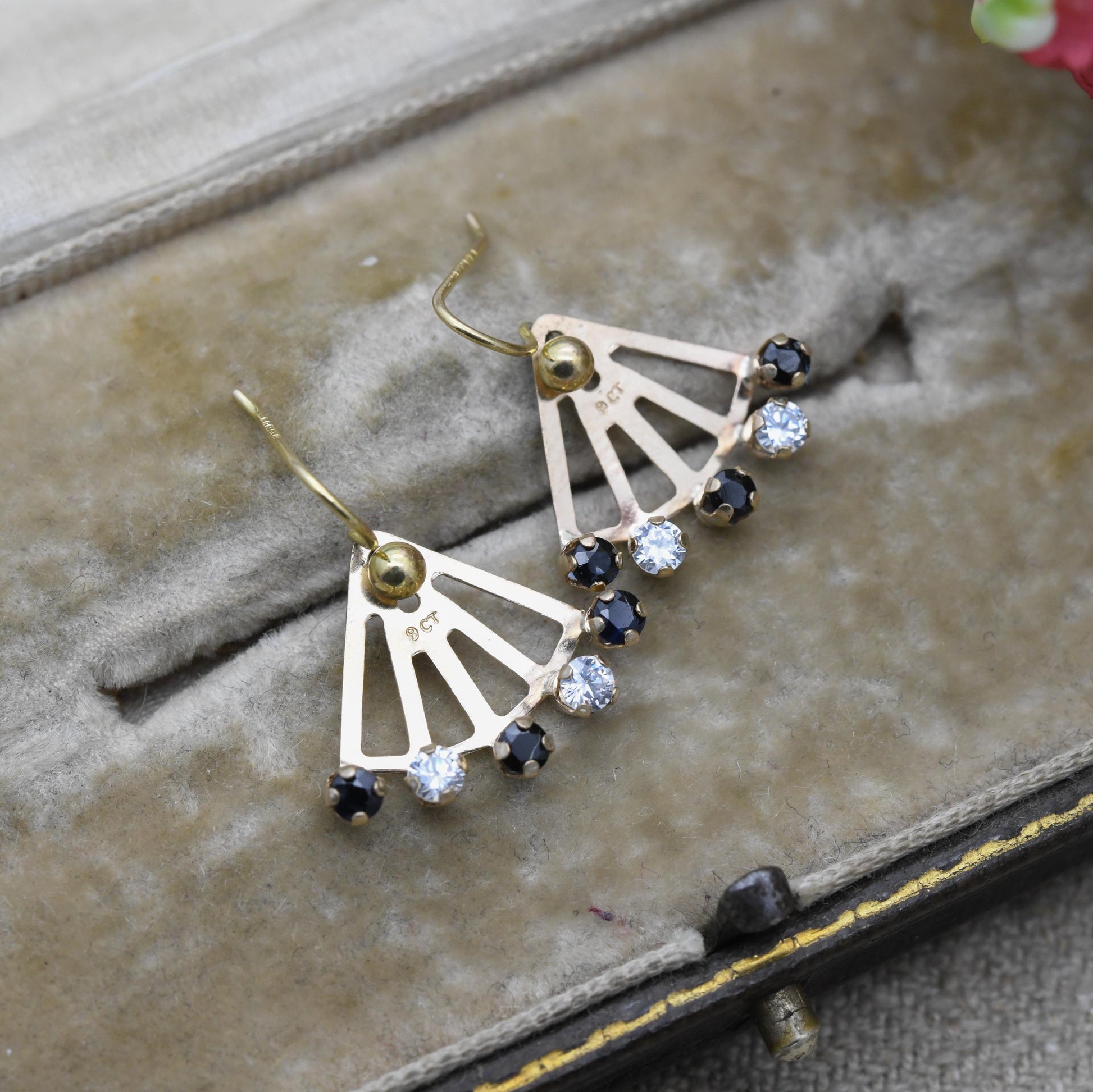 Vintage 9ct Gold Sapphire and CZ Fan Earrings | Minimal Everyday Gold | Blue Sapphire Gift for Her