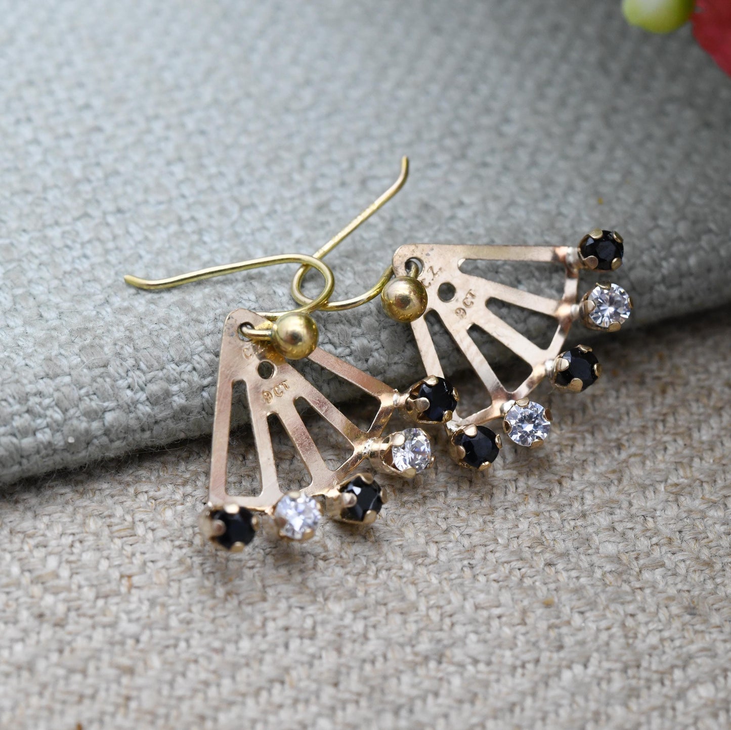 Vintage 9ct Gold Sapphire and CZ Fan Earrings | Minimal Everyday Gold | Blue Sapphire Gift for Her