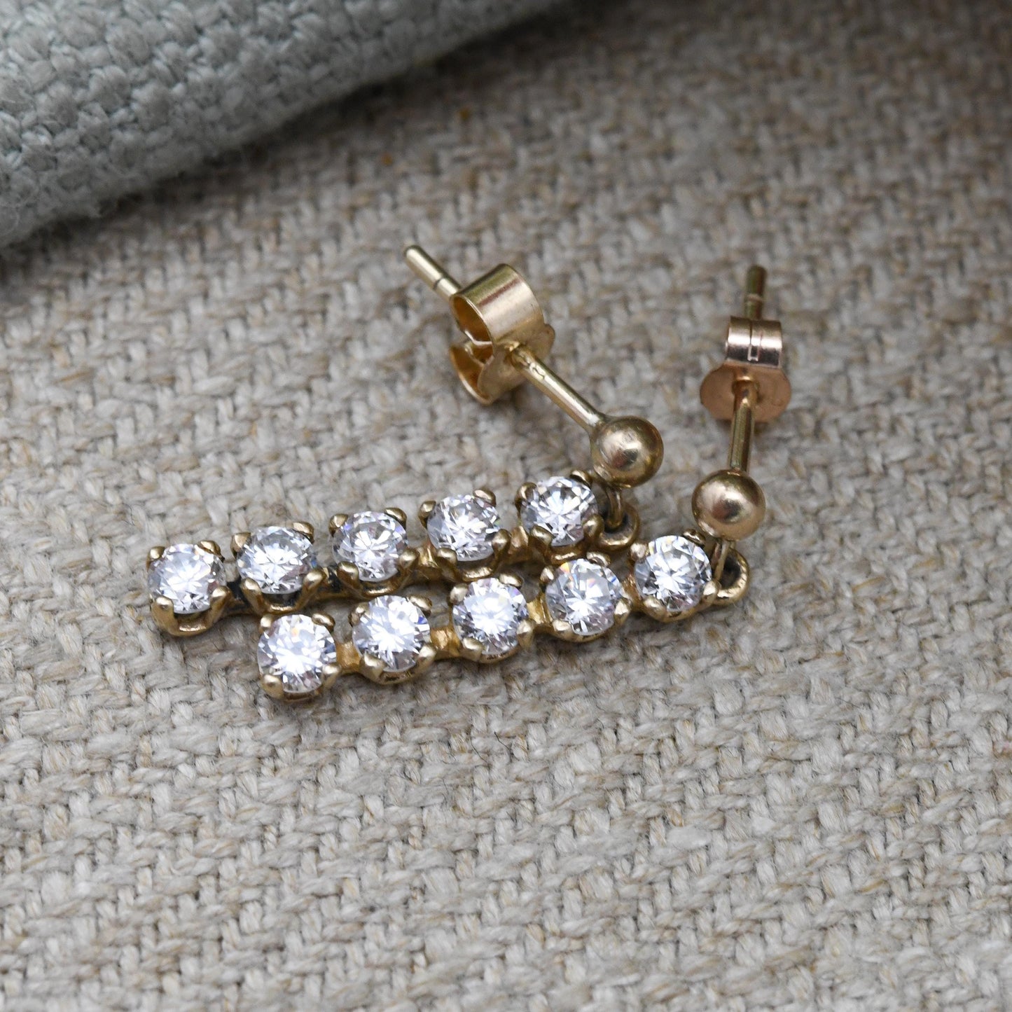 Vintage 9ct Gold CZ Drop Earrings - Rectangle | Sparkly Stones | Gold Butterfly Backs
