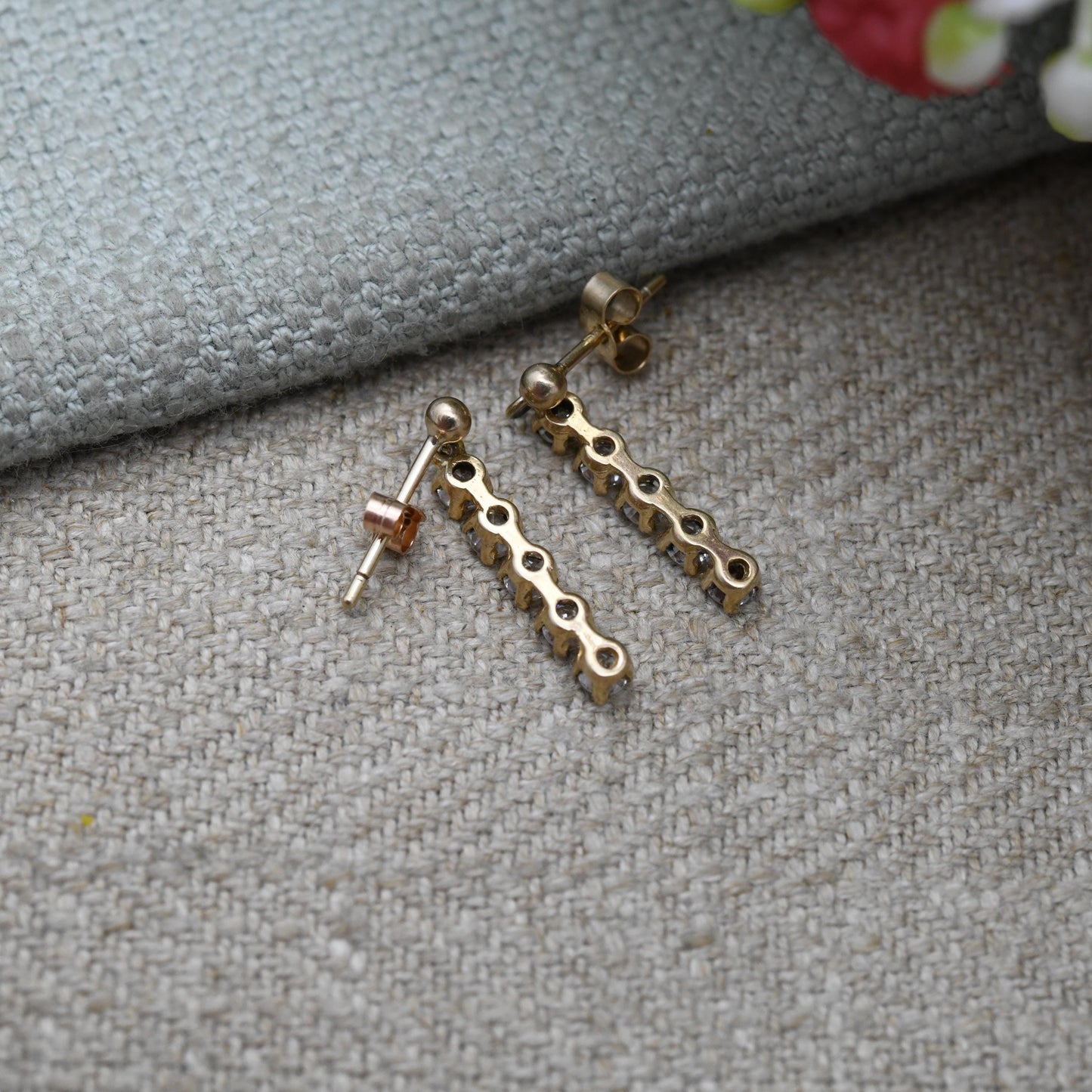 Vintage 9ct Gold CZ Drop Earrings - Rectangle | Sparkly Stones | Gold Butterfly Backs
