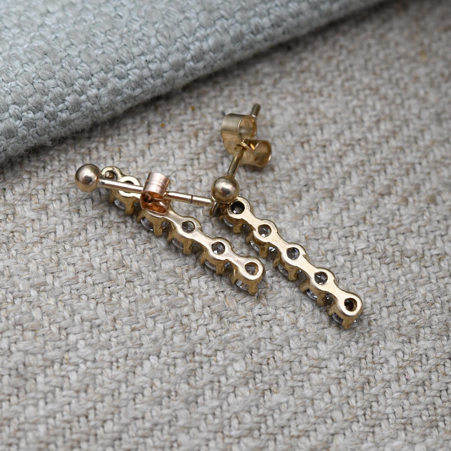 Vintage 9ct Gold CZ Drop Earrings - Rectangle | Sparkly Stones | Gold Butterfly Backs