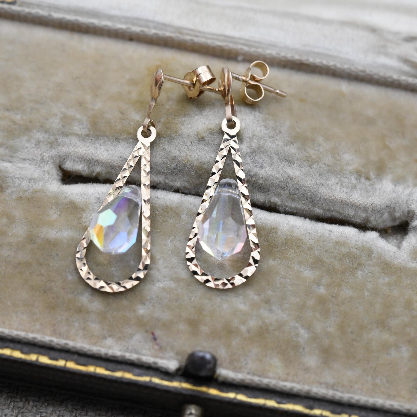 Vintage 9ct Gold AB Glass Drop Earrings - Teardrop Sparkly Large Stone | Gold Butterfly Backs
