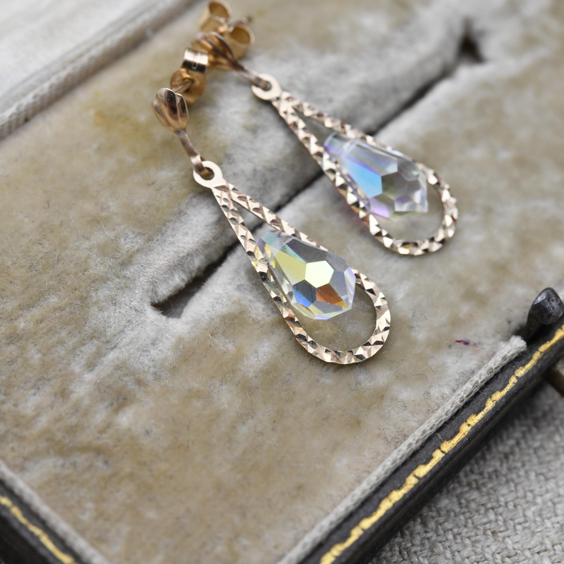 Vintage 9ct Gold AB Glass Drop Earrings - Teardrop Sparkly Large Stone | Gold Butterfly Backs