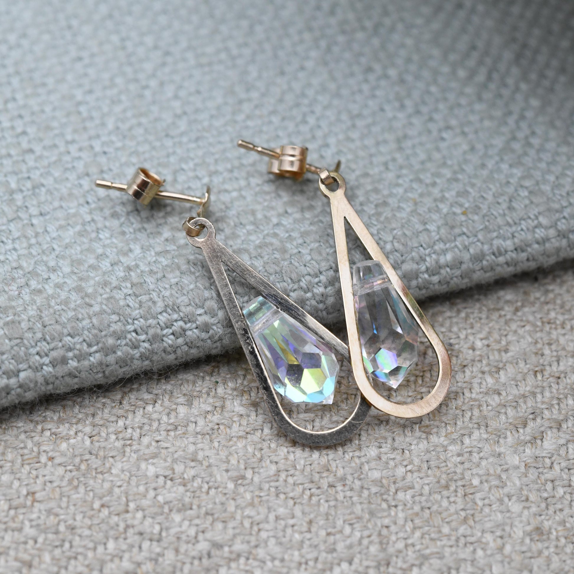 Vintage 9ct Gold AB Glass Drop Earrings - Teardrop Sparkly Large Stone | Gold Butterfly Backs
