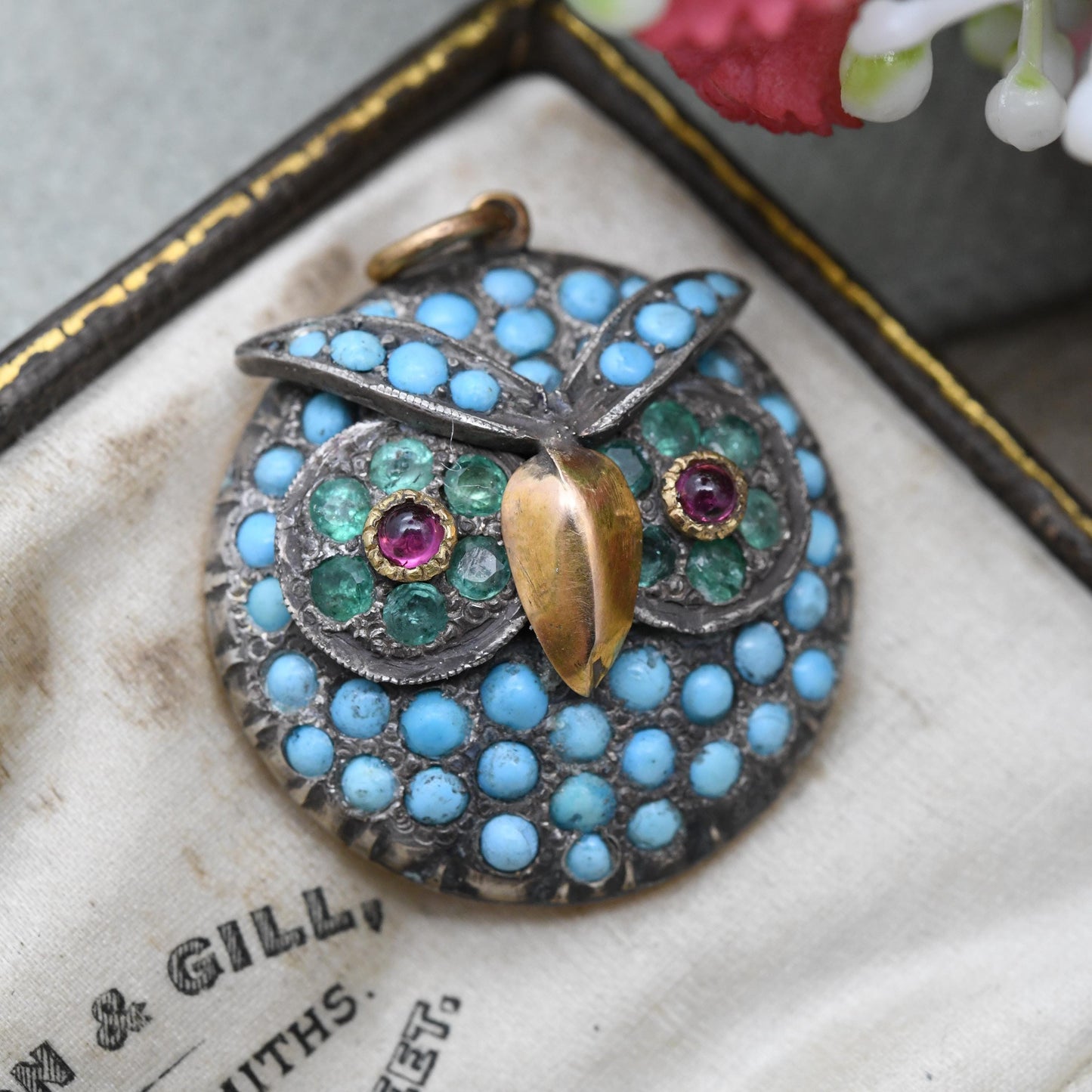 Antique Victorian Gemstone Owl Pendant with Turquoise Emerald and Garnet in Gold and Silver c. 1860s