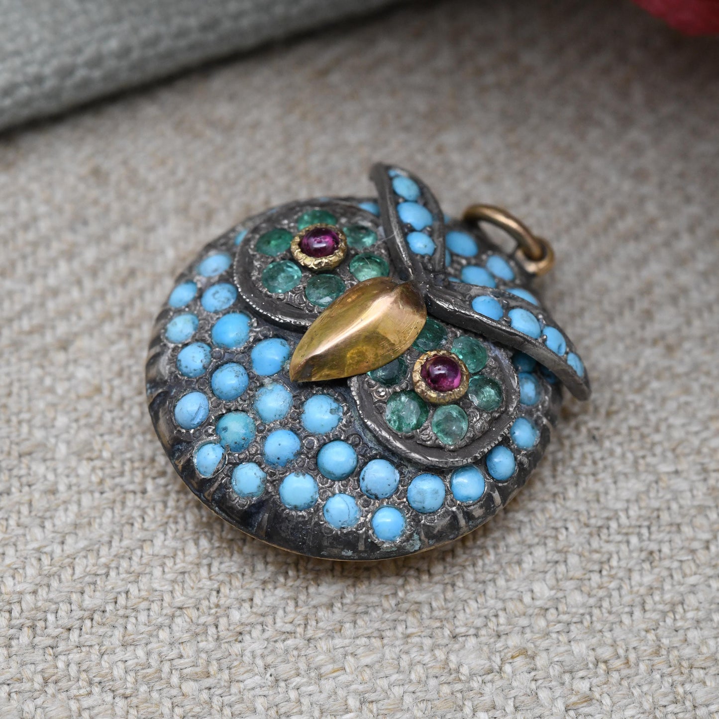 Antique Victorian Gemstone Owl Pendant with Turquoise Emerald and Garnet in Gold and Silver c. 1860s