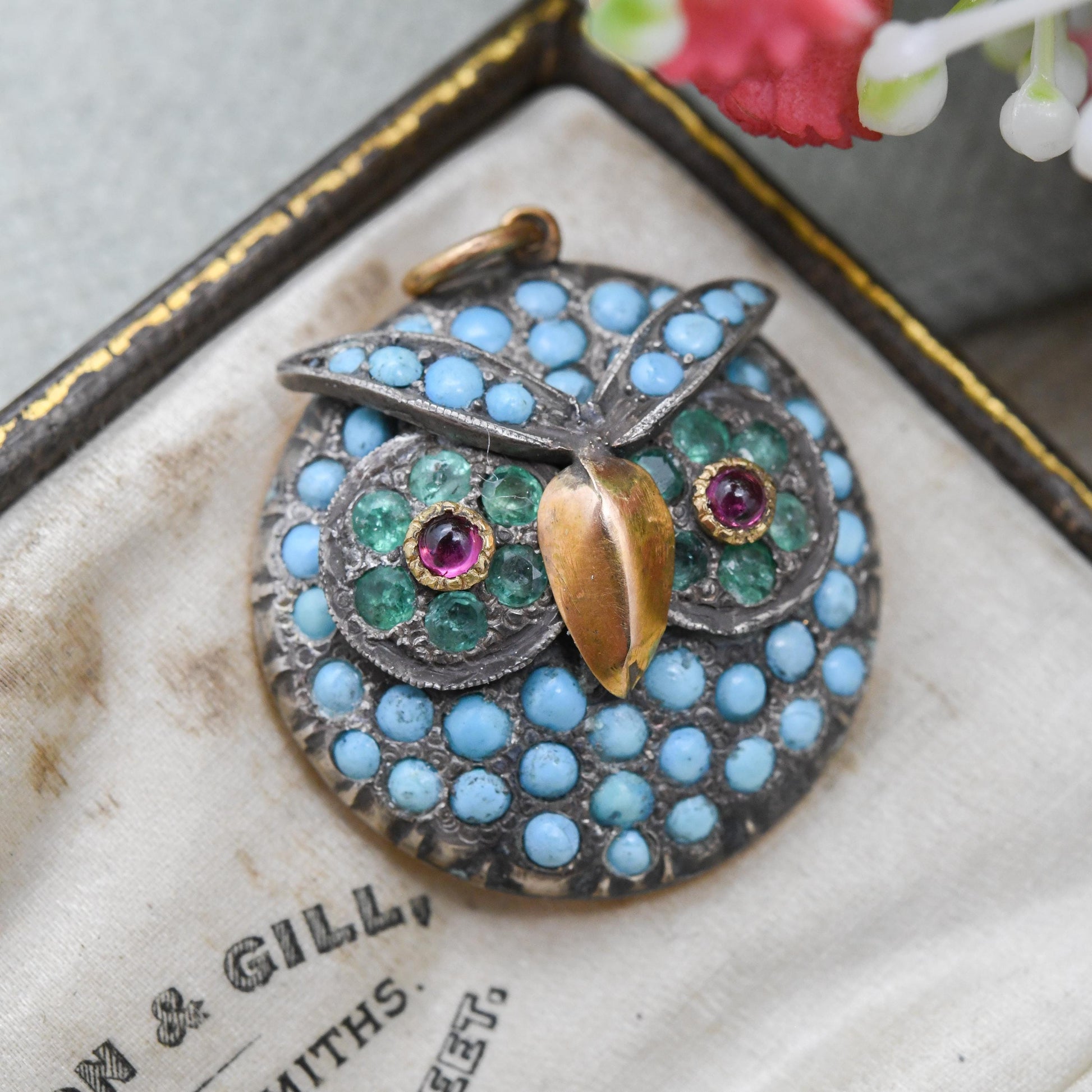Antique Victorian Gemstone Owl Pendant with Turquoise Emerald and Garnet in Gold and Silver c. 1860s
