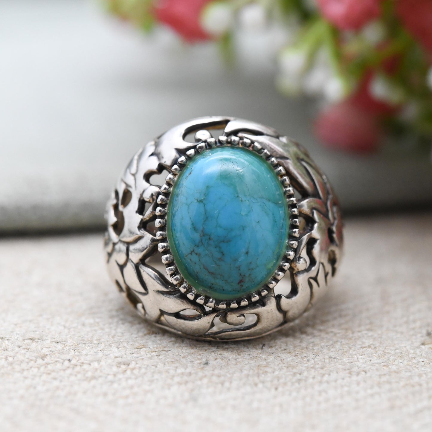 Vintage Betty Bennett Sterling Silver Turquoise Ring - Navajo Southwestern Designer | UK Size - P US Size - 8
