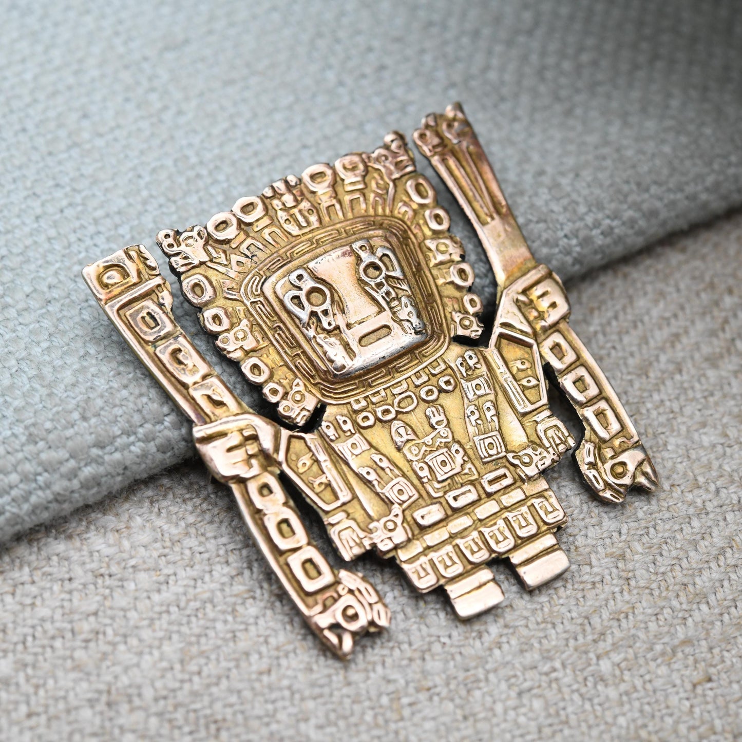 Vintage Peru Sterling Silver 18K Gold Brooch of Viracocha Incan Creator God - Peruvian Silver Jewellery South American Design