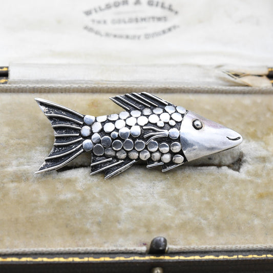 Vintage Mid-Century Sterling Silver Fish Brooch with Smiley Face and Textured Scales