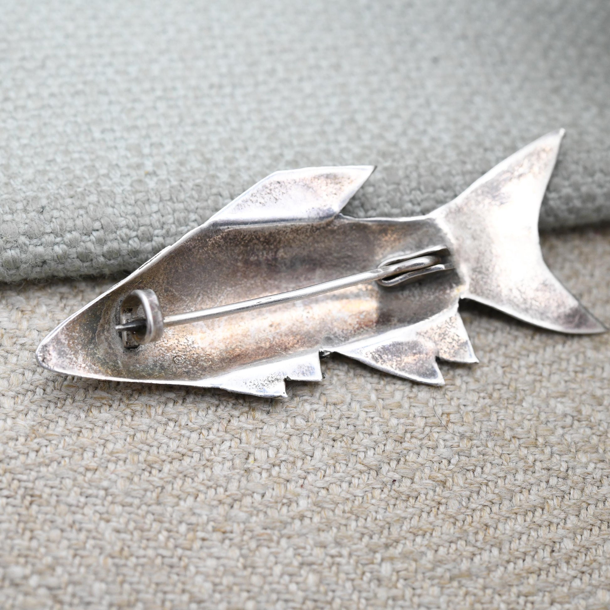 Vintage Mid-Century Sterling Silver Fish Brooch with Smiley Face and Textured Scales