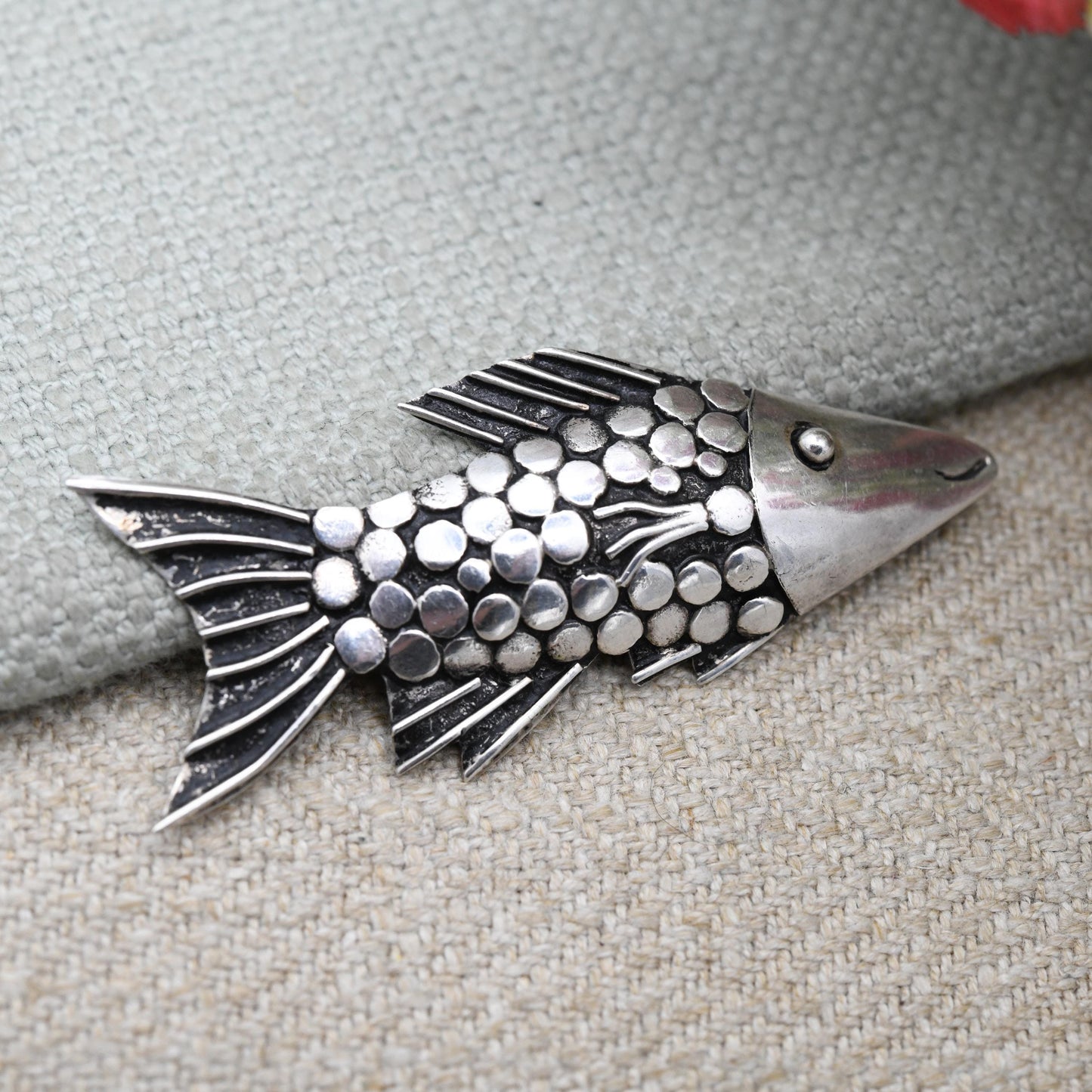 Vintage Mid-Century Sterling Silver Fish Brooch with Smiley Face and Textured Scales